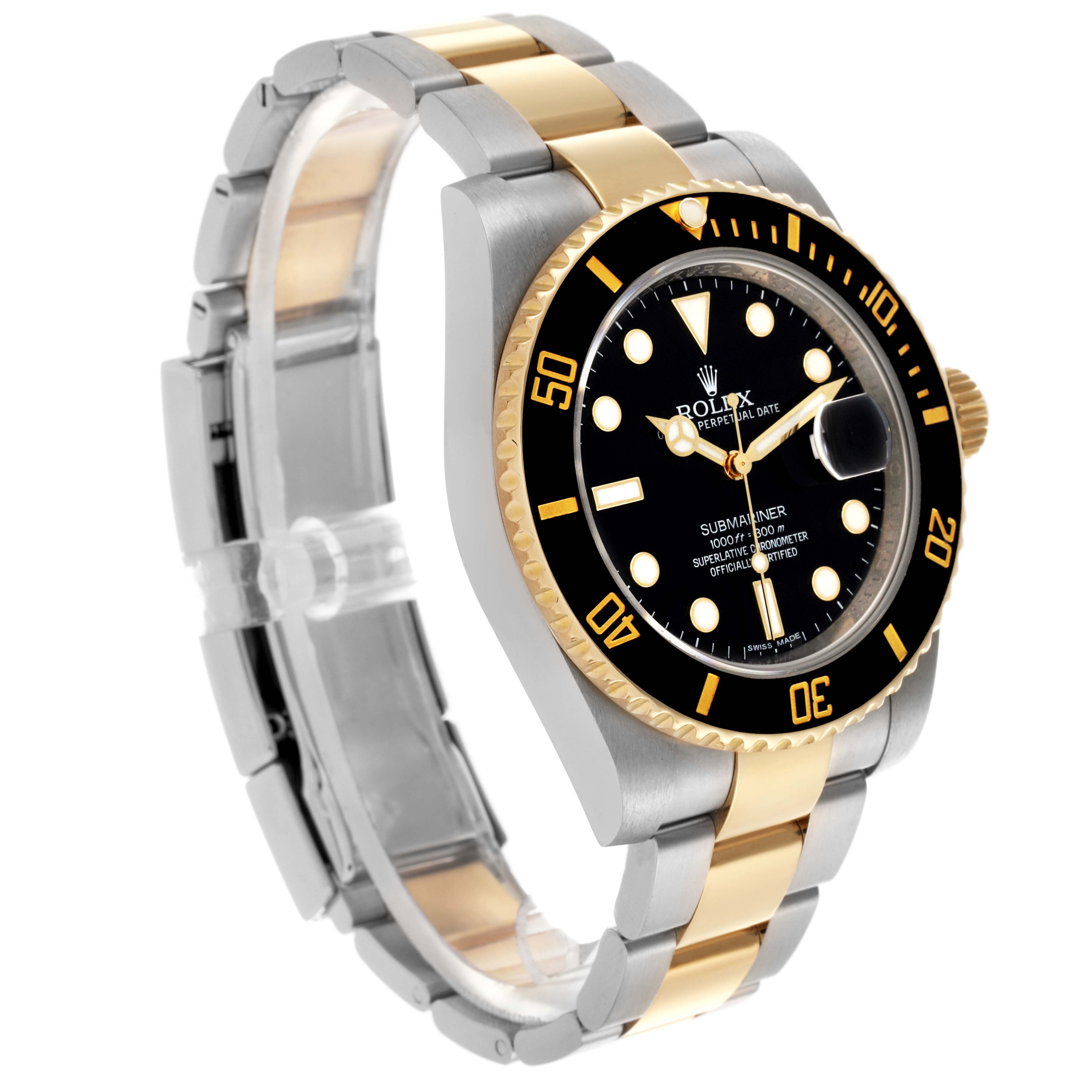 The Rolex Submariner 116613LN Men's Steel and Gold (two tone) Black Dial 116613LN Men's Steel and Gold (two tone) Black Dial watch is shown at an angle highlighting the dial, bezel, and two-tone bracelet.