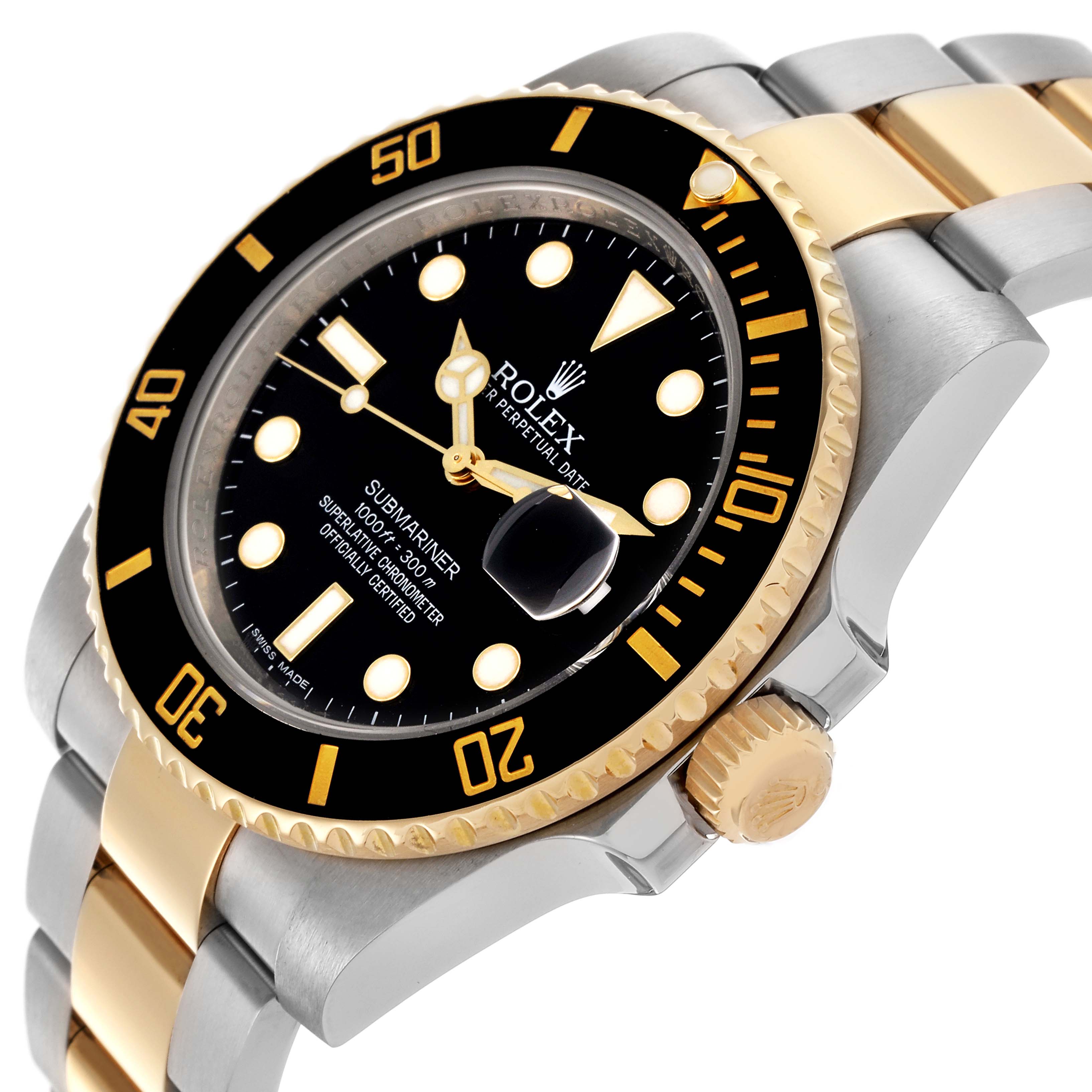 The Rolex Submariner 116613LN Men's Steel and Gold (two tone) Black Dial 116613LN Men's Steel and Gold (two tone) Black Dial watch is shown at a three-quarter angle, highlighting the bezel, dial, and bracelet.