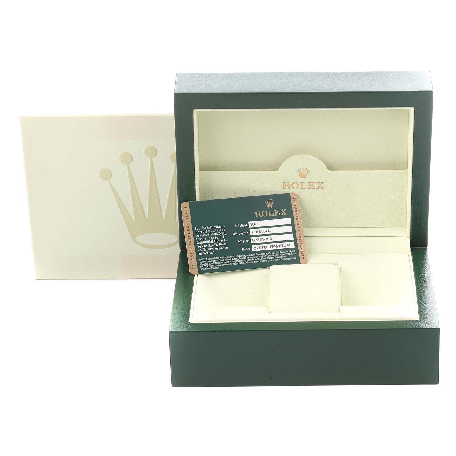 The image shows an open Rolex Submariner 116613LN Men's Steel and Gold (two tone) Black Dial 116613LN Men's Steel and Gold (two tone) Black Dial box from a front angle with a warranty card displayed.