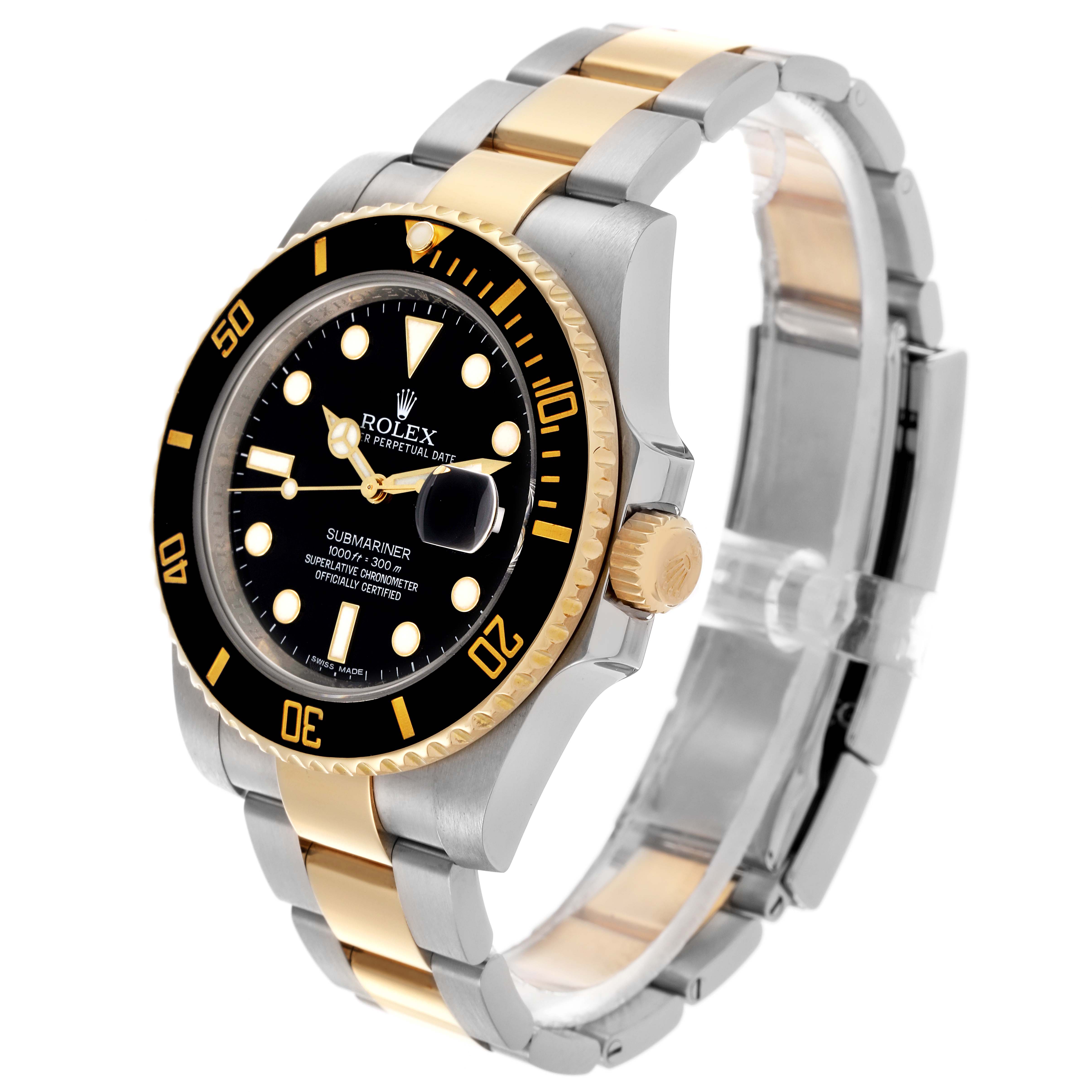 The Rolex Submariner 116613LN Men's Steel and Gold (two tone) Black Dial 116613LN Men's Steel and Gold (two tone) Black Dial is shown at a three-quarter angle, displaying the bezel, crown, dial, and bracelet.