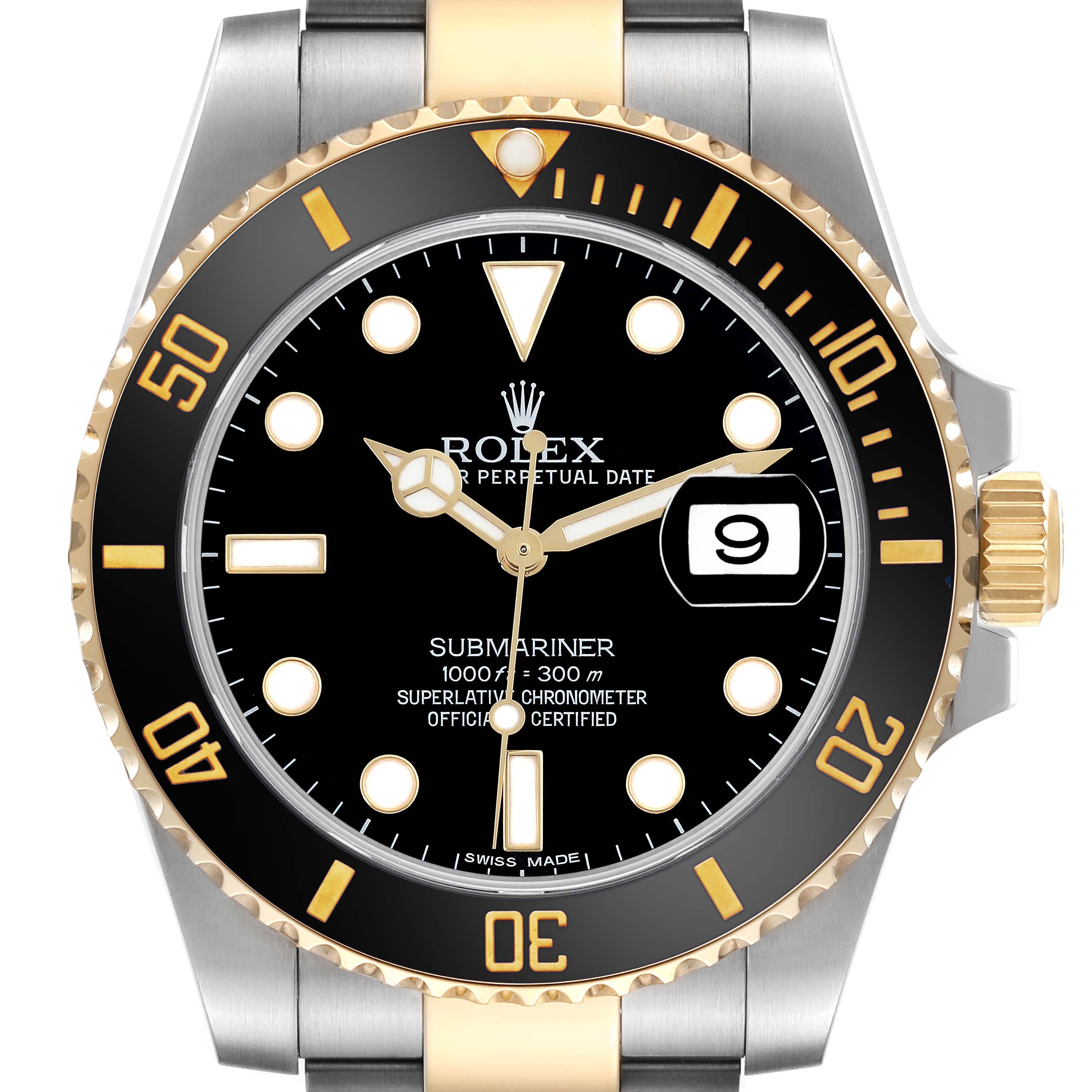 The Rolex Submariner 116613LN Men's Steel and Gold (two tone) Black Dial 116613LN Men's Steel and Gold (two tone) Black Dial watch is shown from a front angle, highlighting the dial, bezel, and crown.