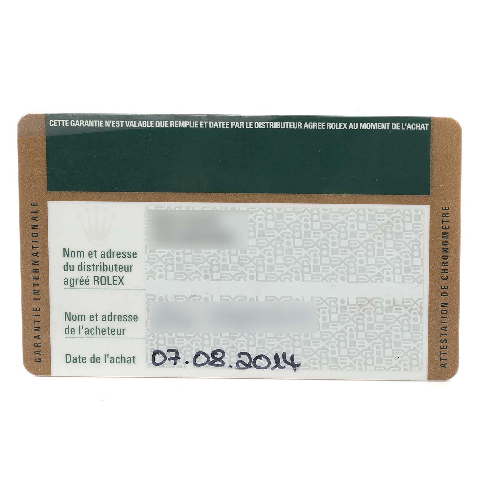 The image shows a warranty card for the Rolex Submariner 116613LN Men's Steel and Gold (two tone) Black Dial 116613LN Men's Steel and Gold (two tone) Black Dial, featuring purchase details and branding.