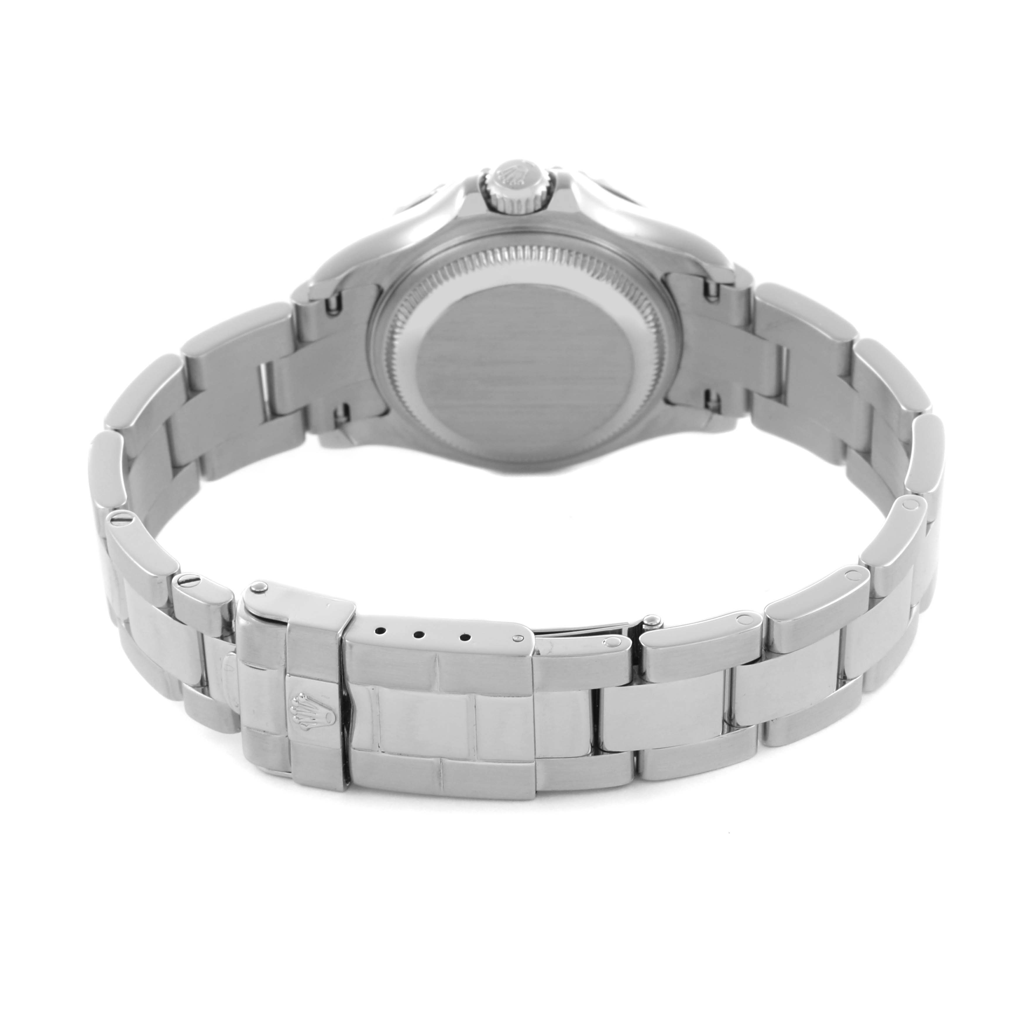The image shows the back view of a Rolex Yacht-Master 169622 Women
s Stainless Steel Silver Dial 169622 Women
s Stainless Steel Silver Dial watch, highlighting the bracelet and clasp.