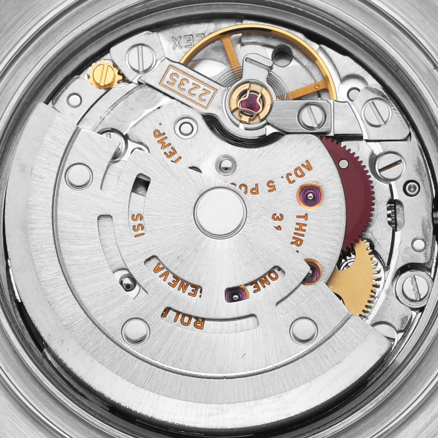 The image shows the movement of a Rolex Yacht-Master 169622 Women
s Stainless Steel Silver Dial 169622 Women
s Stainless Steel Silver Dial watch, viewed from the back, revealing the intricate internal mechanism.