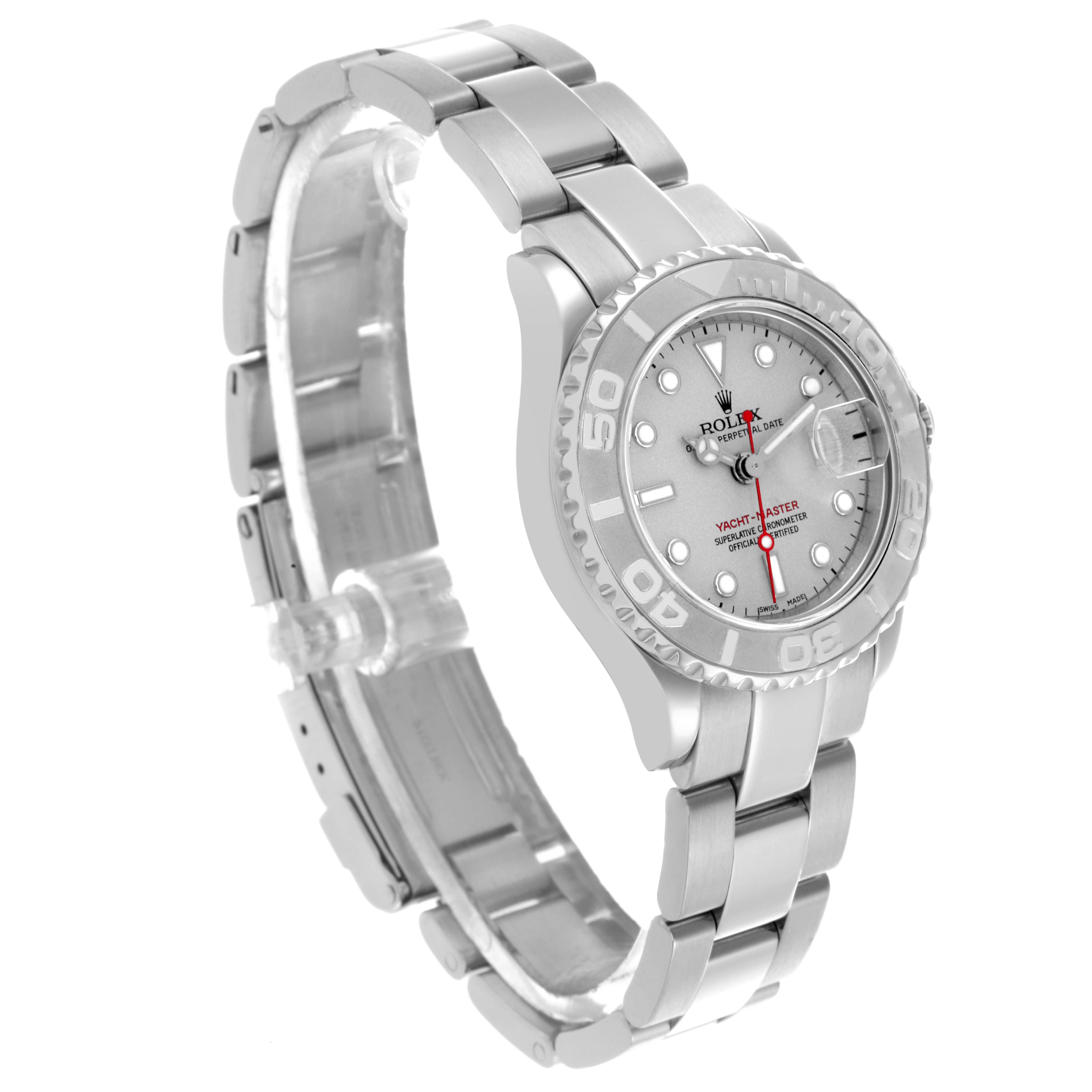 The Rolex Yacht-Master 169622 Women
s Stainless Steel Silver Dial 169622 Women
s Stainless Steel Silver Dial watch is shown at a three-quarter angle, highlighting the face, bezel, and bracelet.