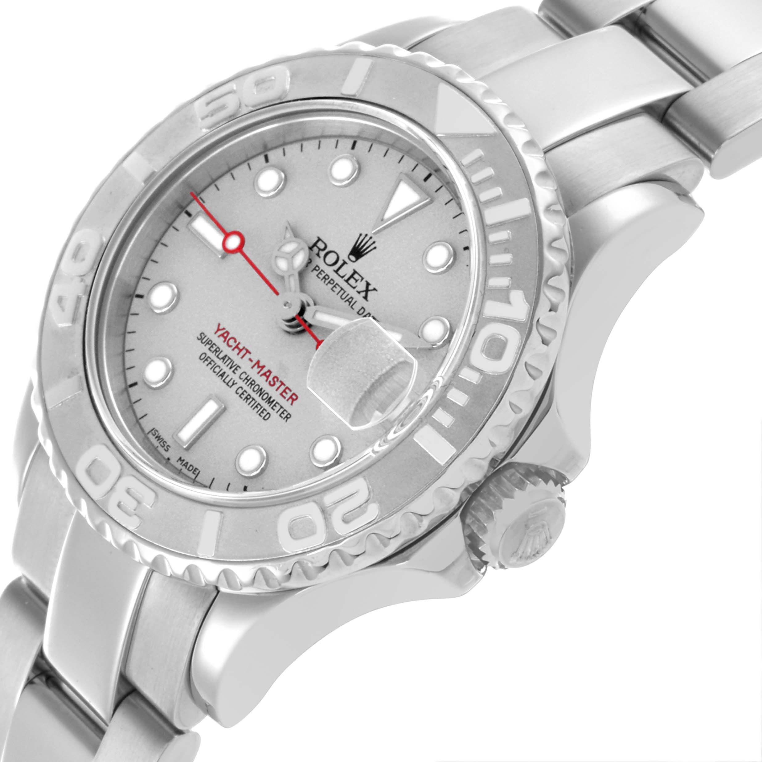 The image shows a Rolex Yacht-Master 169622 Women
s Stainless Steel Silver Dial 169622 Women
s Stainless Steel Silver Dial watch from a front-side angle, highlighting the bezel, dial, and bracelet.