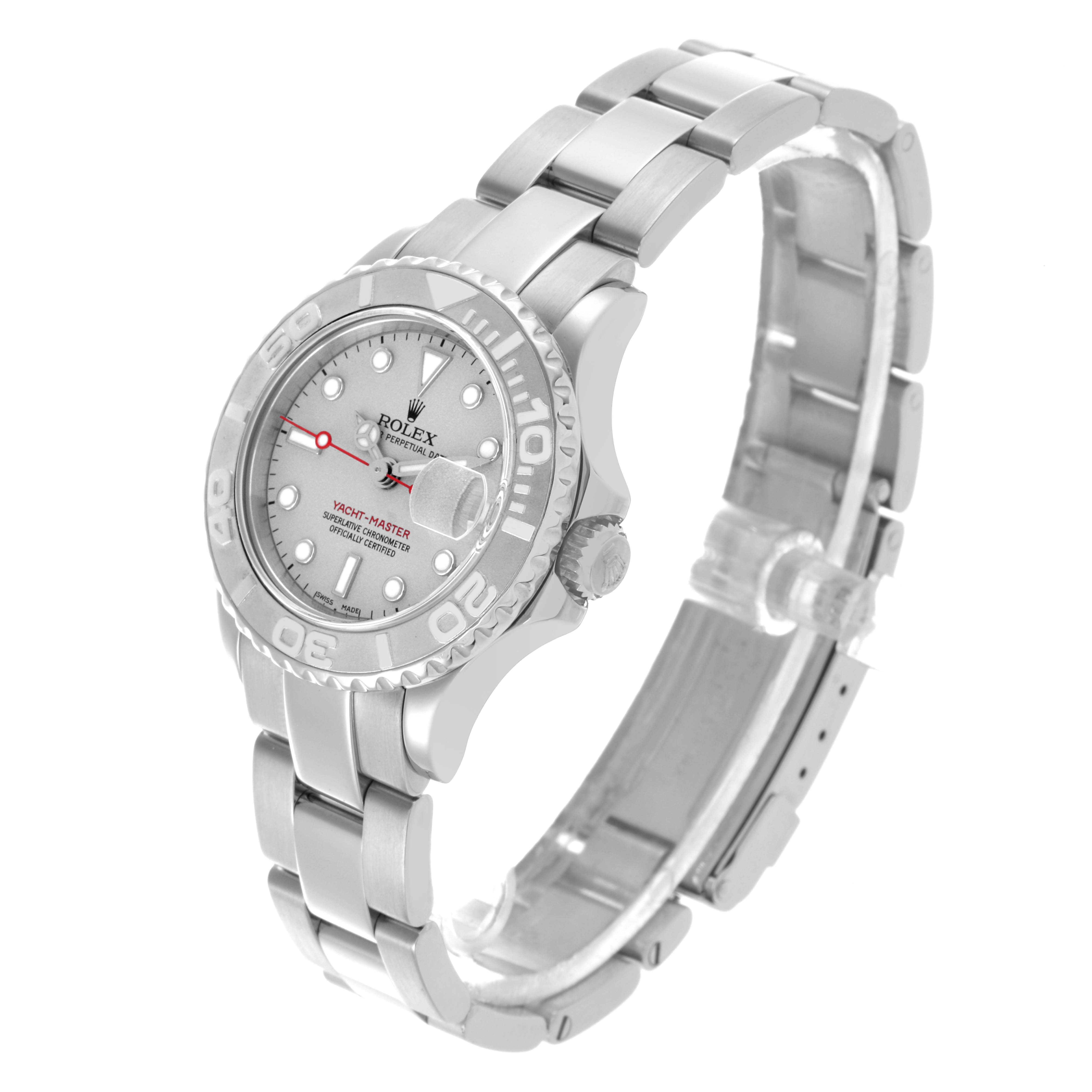 The Rolex Yacht-Master 169622 Women
s Stainless Steel Silver Dial 169622 Women
s Stainless Steel Silver Dial watch is shown from a high-angle side view, displaying the dial, bezel, crown, and bracelet.