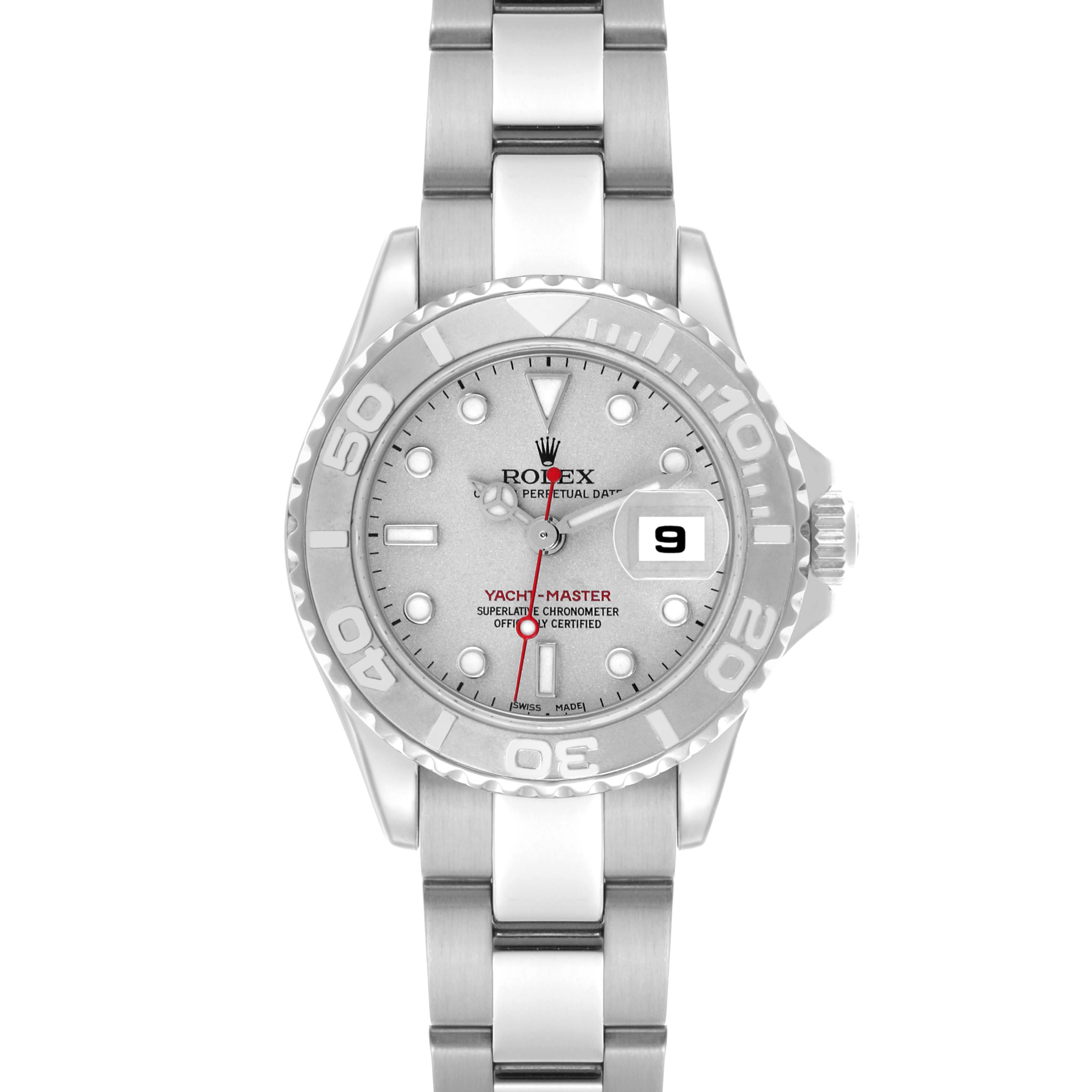 The Rolex Yacht-Master 169622 Women
s Stainless Steel Silver Dial 169622 Women
s Stainless Steel Silver Dial watch is shown in a top-down angle, displaying the dial, bezel, and bracelet fully.