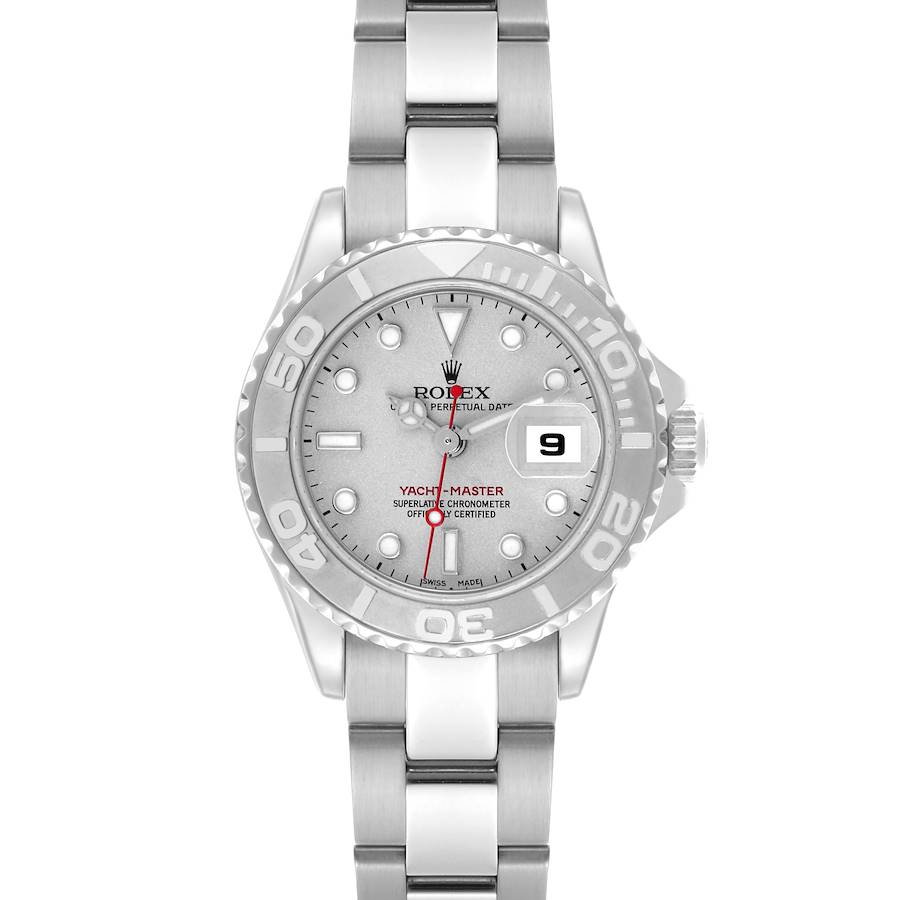 The Rolex Yacht-Master watch is shown in a top-down angle, displaying the dial, bezel, and bracelet fully.