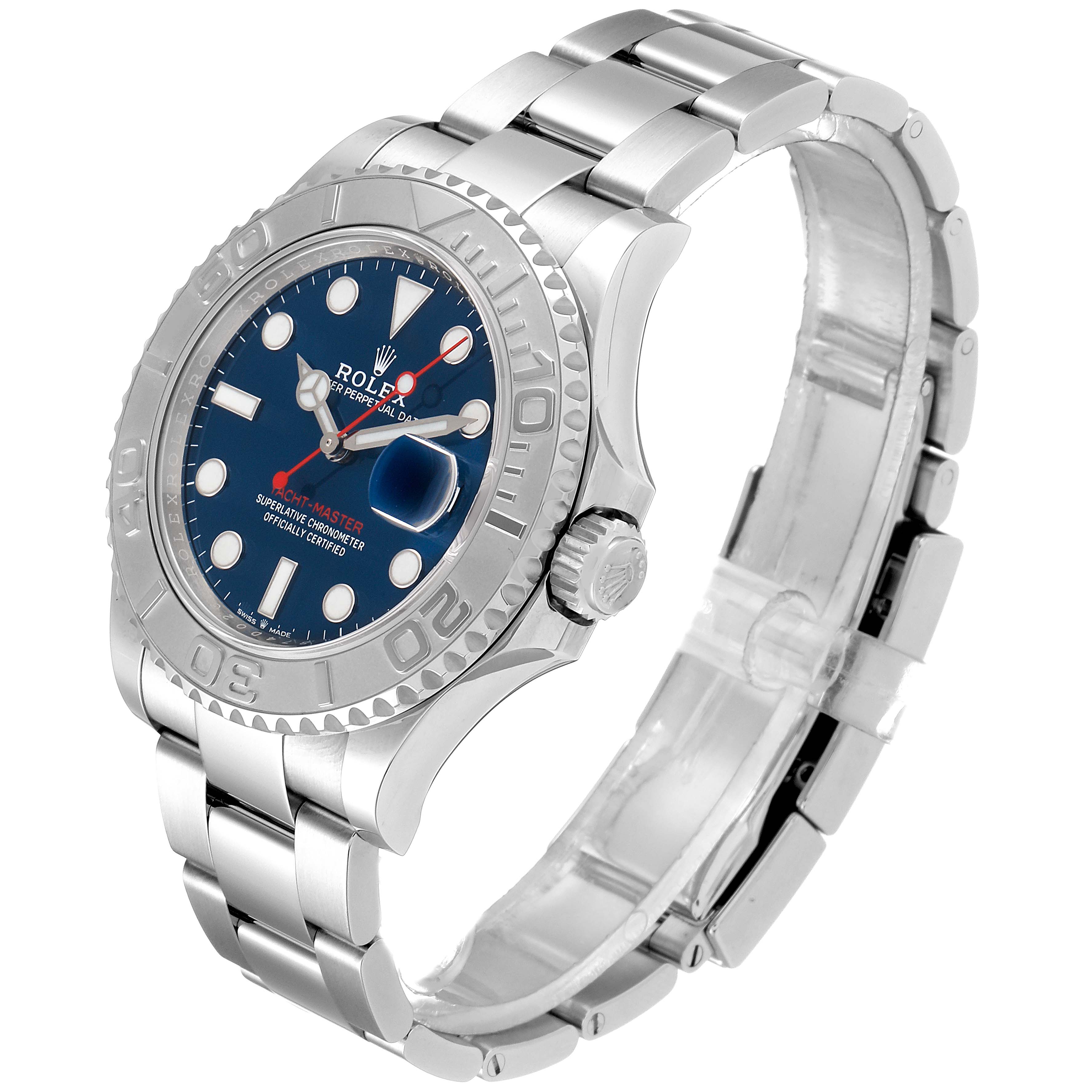 The Rolex Yacht-Master 126622 Men
s Stainless Steel Blue Dial 126622 Men
s Stainless Steel Blue Dial watch is shown at a three-quarter angle highlighting its bracelet, bezel, and dial.