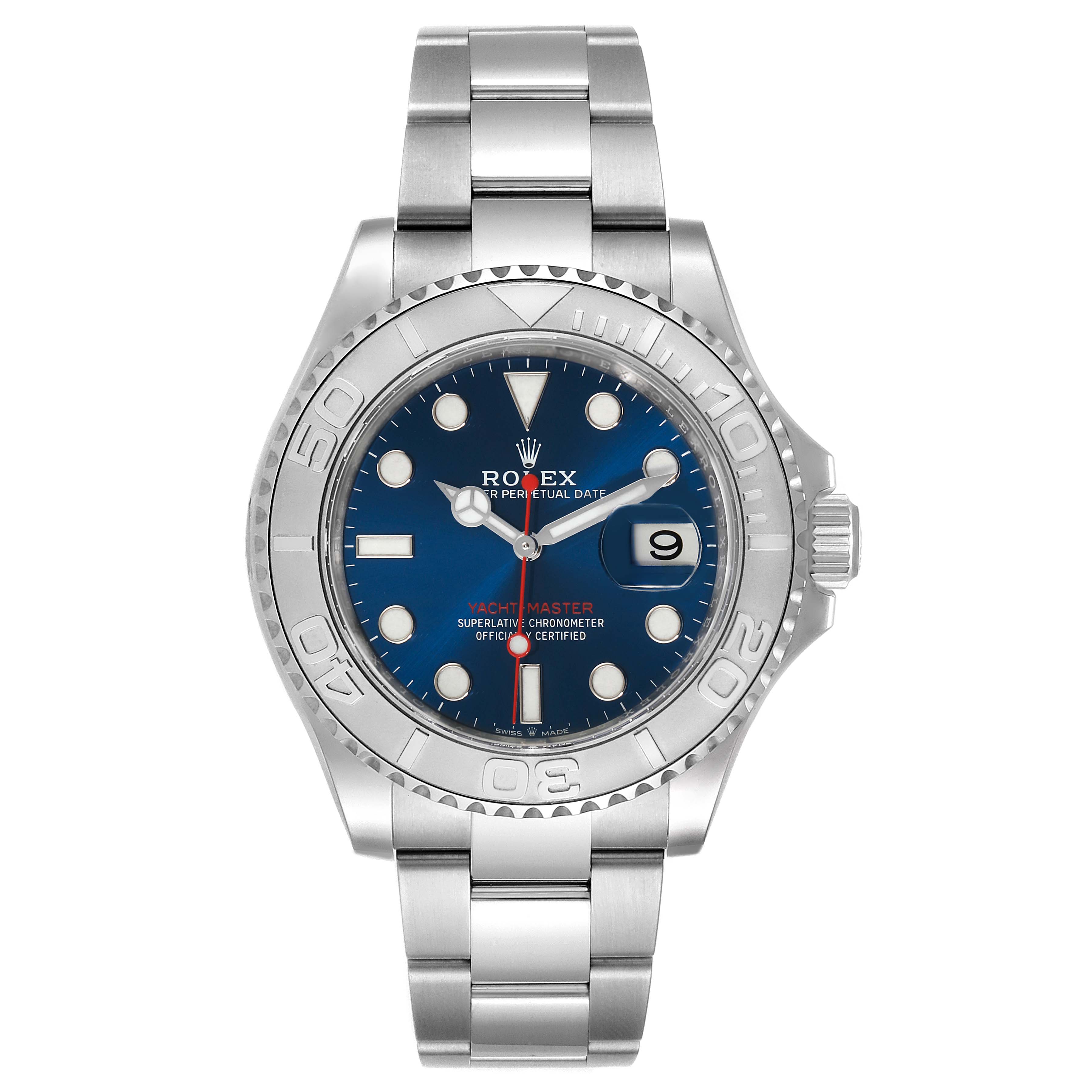The image shows a front view of a Rolex Yacht-Master 126622 Men
s Stainless Steel Blue Dial 126622 Men
s Stainless Steel Blue Dial watch showcasing its dial, bezel, and bracelet.