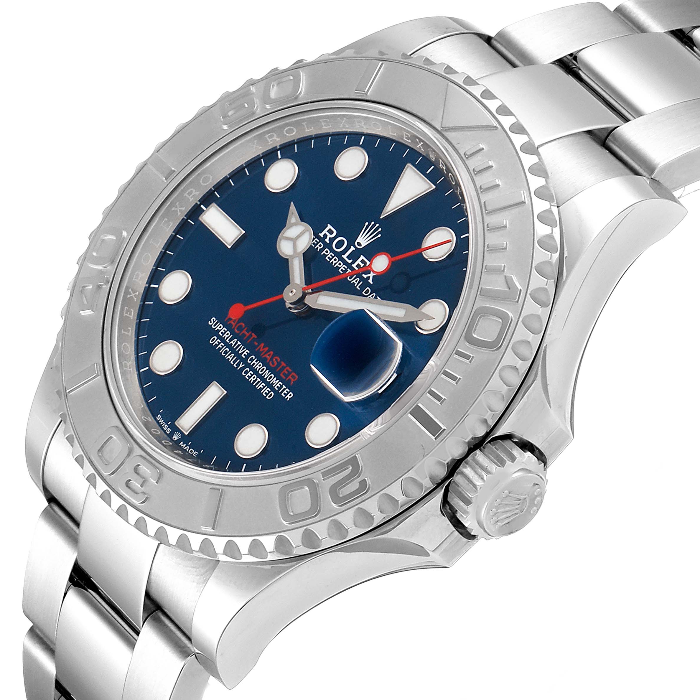 The image shows a close-up angled view of the Rolex Yacht-Master 126622 Men
s Stainless Steel Blue Dial 126622 Men
s Stainless Steel Blue Dial watch, highlighting its bezel, dial, crown, and part of the bracelet.