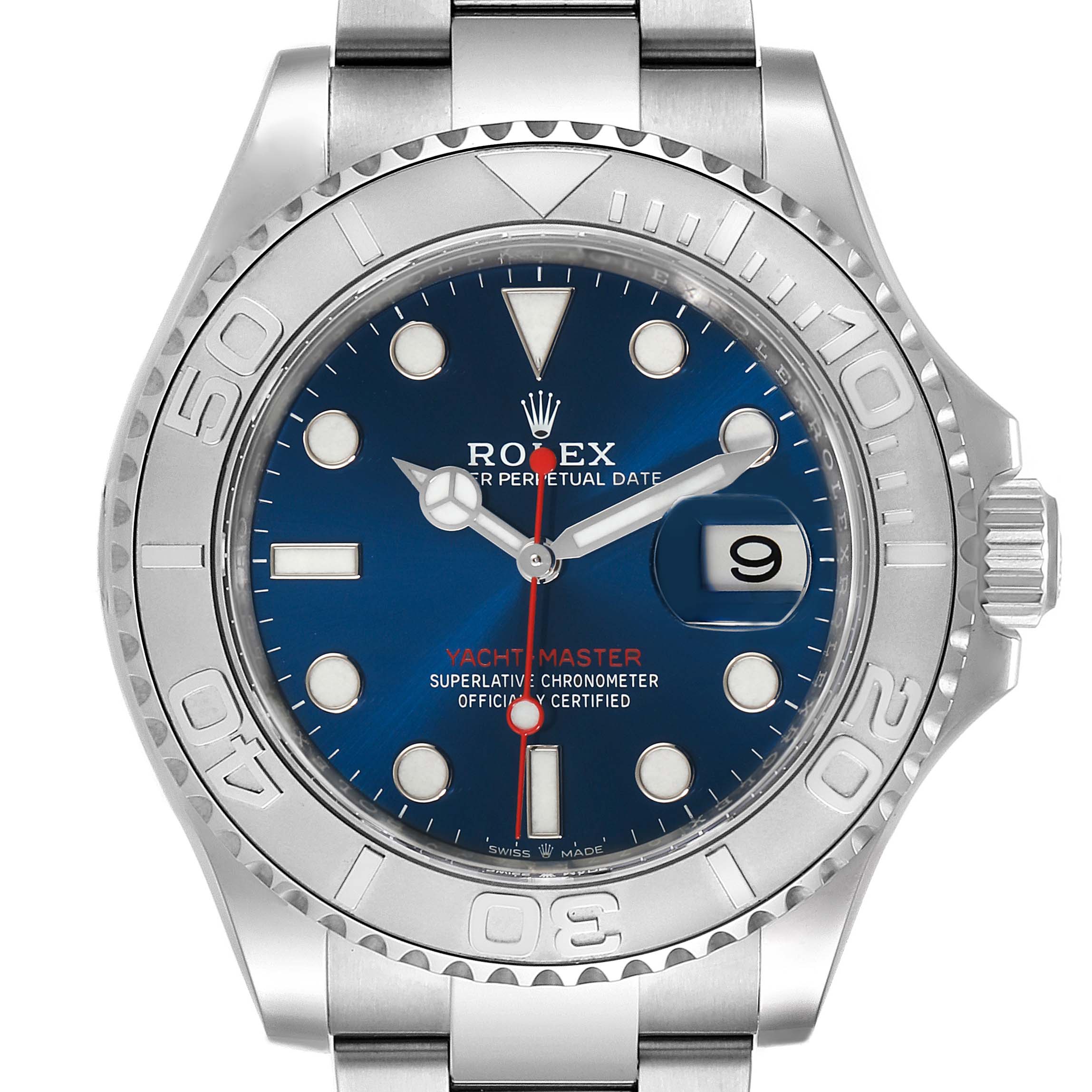 The image shows a front view of a Rolex Yacht-Master 126622 Men
s Stainless Steel Blue Dial 126622 Men
s Stainless Steel Blue Dial watch, featuring its dial, bezel, and bracelet.