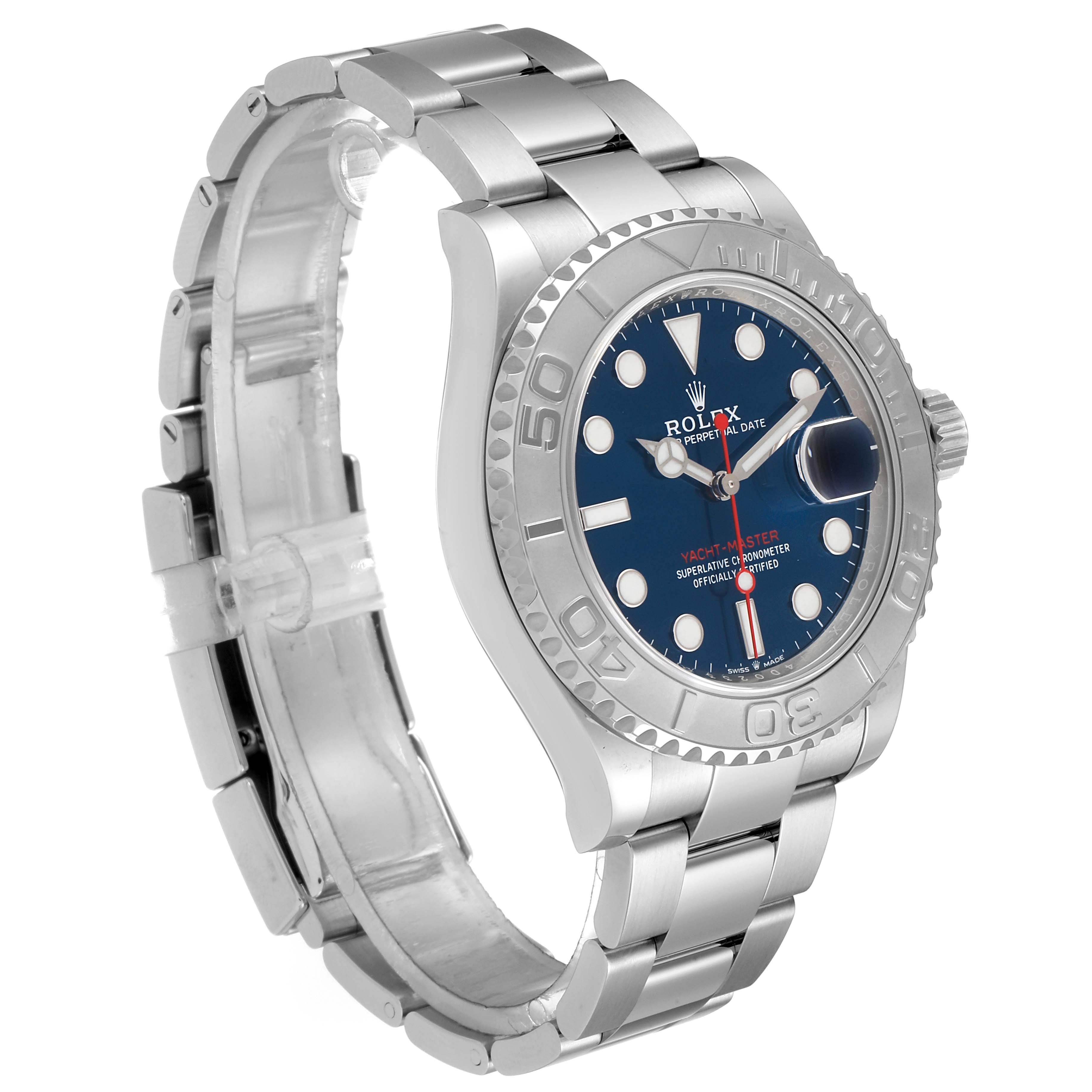 The Rolex Yacht-Master 126622 Men
s Stainless Steel Blue Dial 126622 Men
s Stainless Steel Blue Dial watch is shown at a three-quarter angle, highlighting its bezel, bracelet, and part of the face.