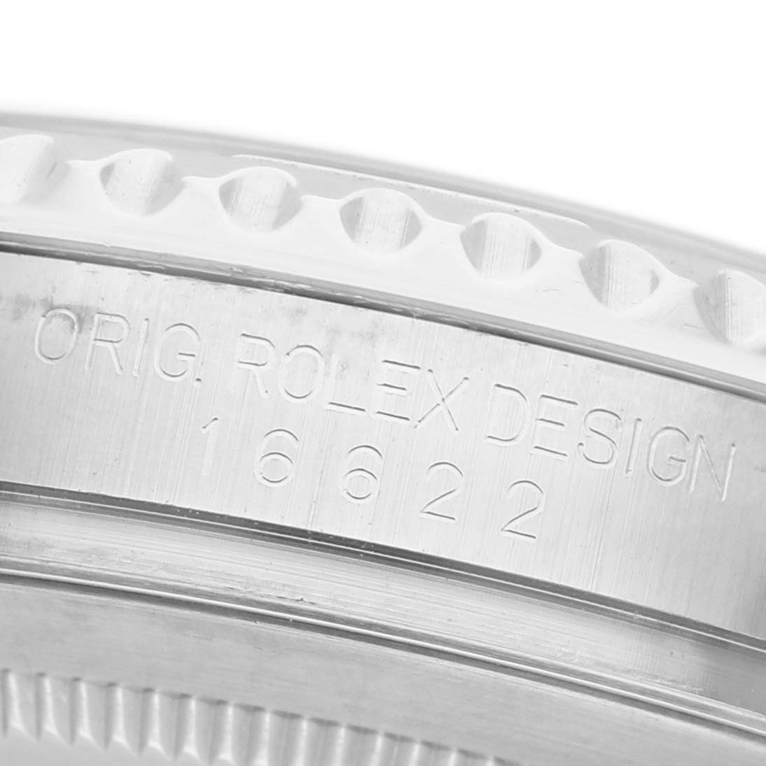 The image shows a close-up of the side of a Rolex Yacht-Master 16622 Men's Stainless Steel Silver Dial watch, highlighting the engraved model number "16622."