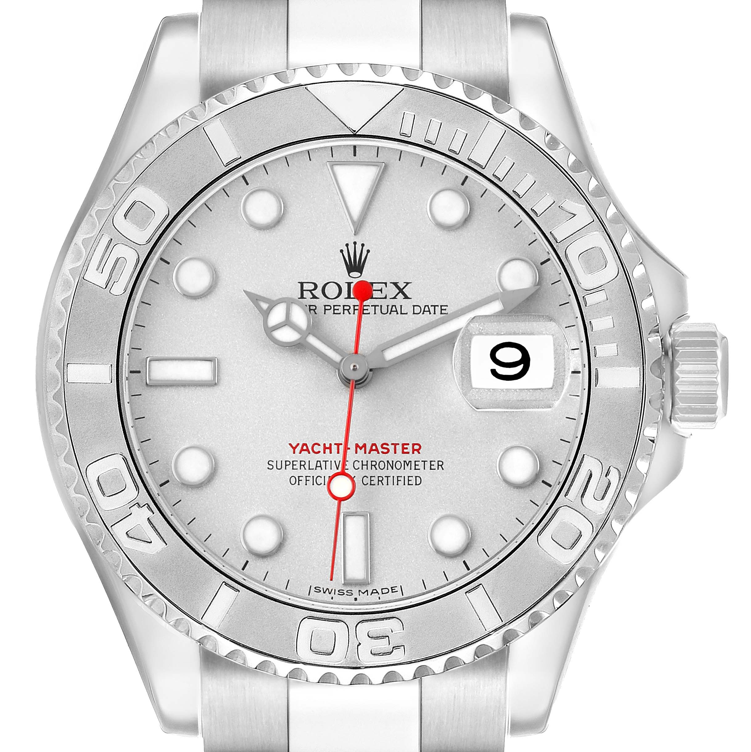 The Rolex Yacht-Master 16622 Men's Stainless Steel Silver Dial watch is shown from the front, displaying the dial, bezel, crown, and part of the bracelet.