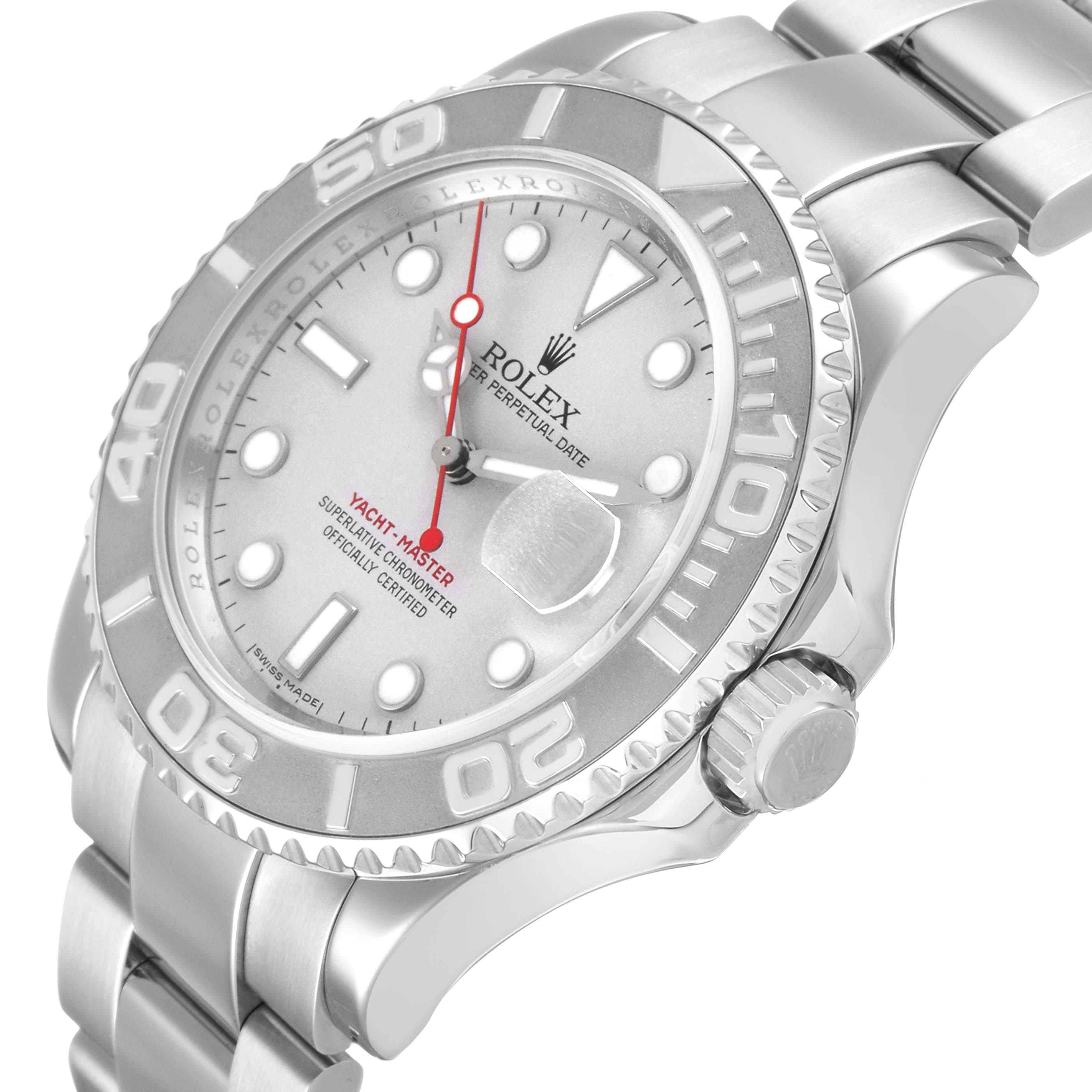 The Rolex Yacht-Master 16622 Men's Stainless Steel Silver Dial watch is shown at a tilted angle, highlighting the bezel, crown, and part of the bracelet.