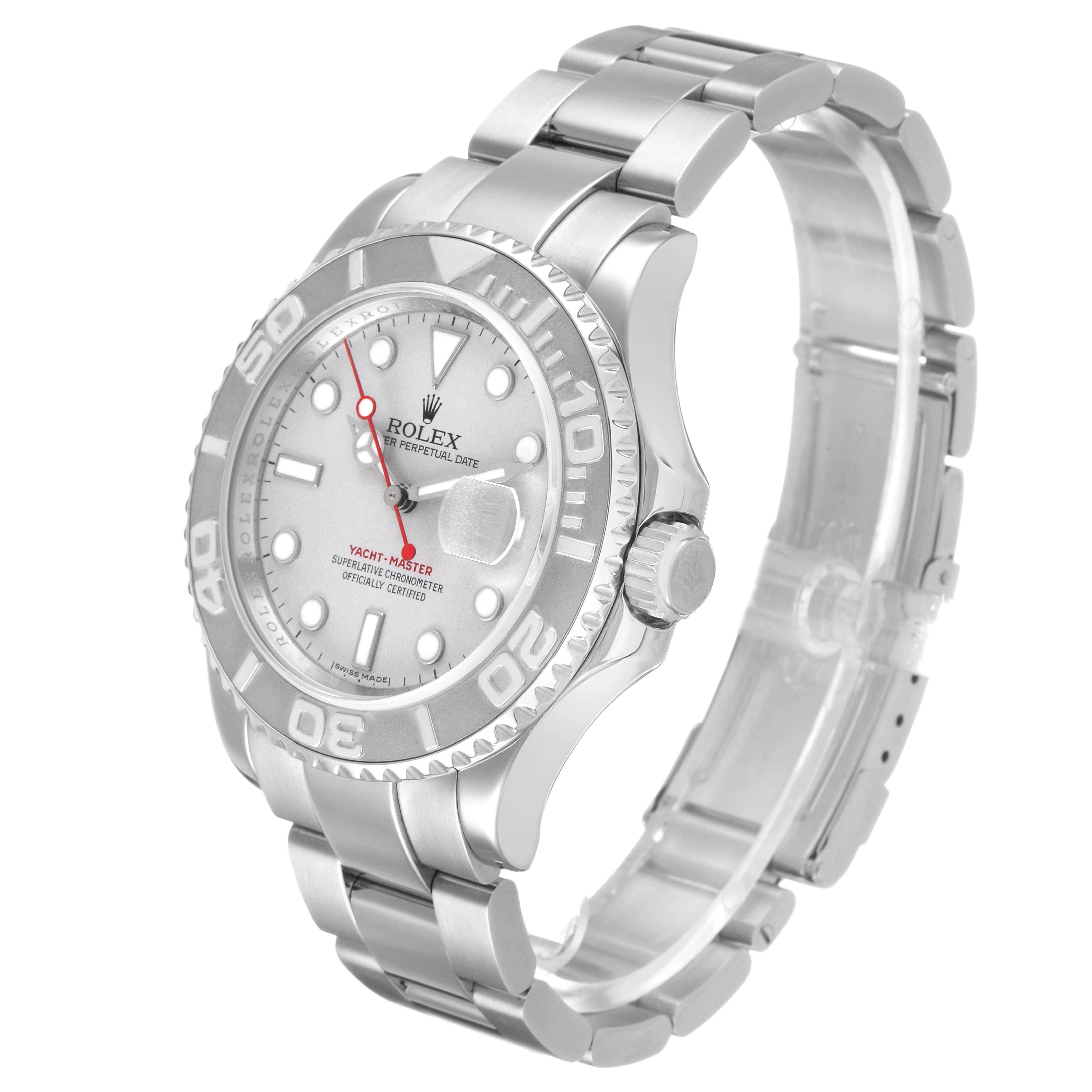 The Rolex Yacht-Master 16622 Men's Stainless Steel Silver Dial watch is shown at a slight angle, displaying the face, bezel, crown, and part of the bracelet clearly.