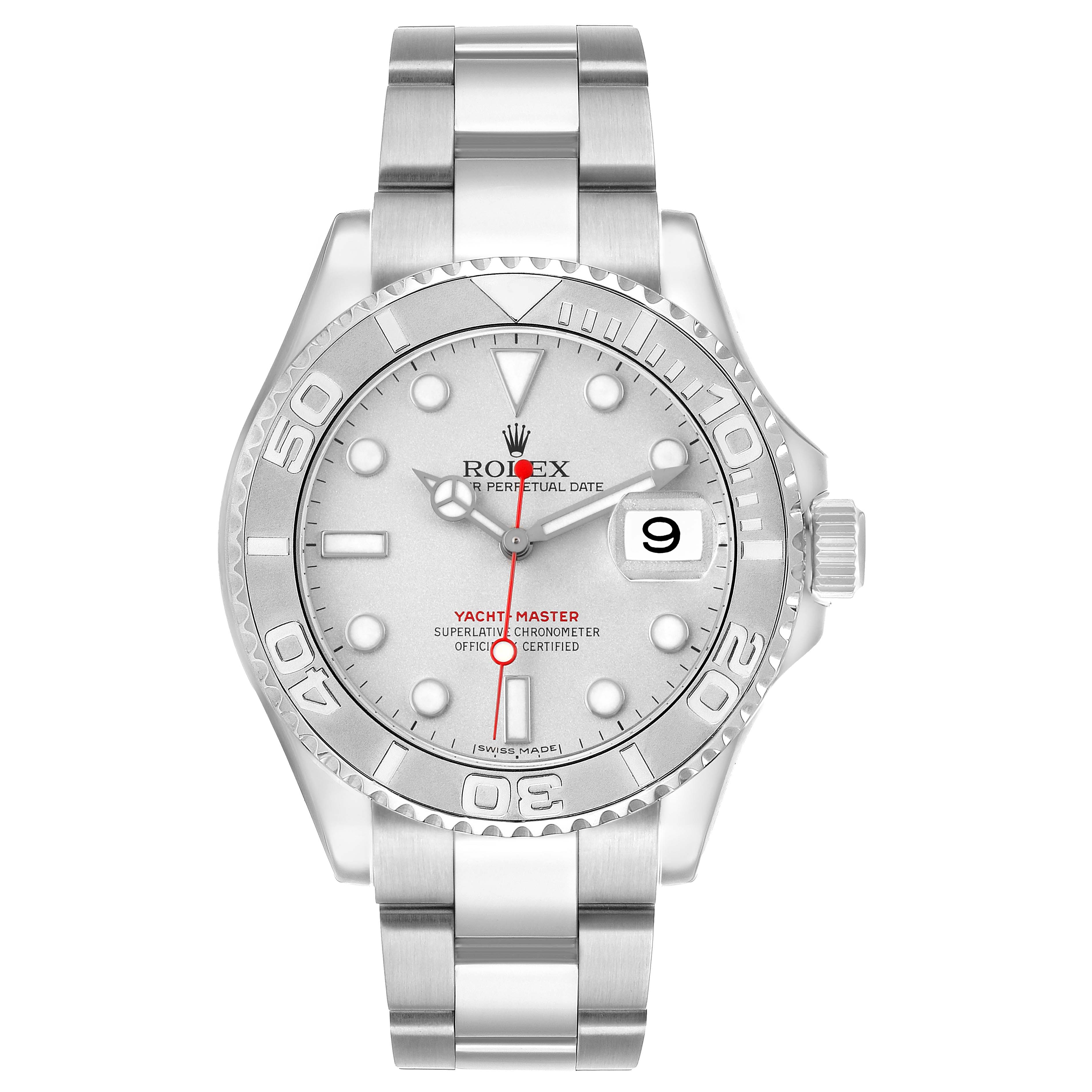 The Rolex Yacht-Master 16622 Men's Stainless Steel Silver Dial watch is shown from a front view, displaying the dial, bezel, bracelet, and date window.