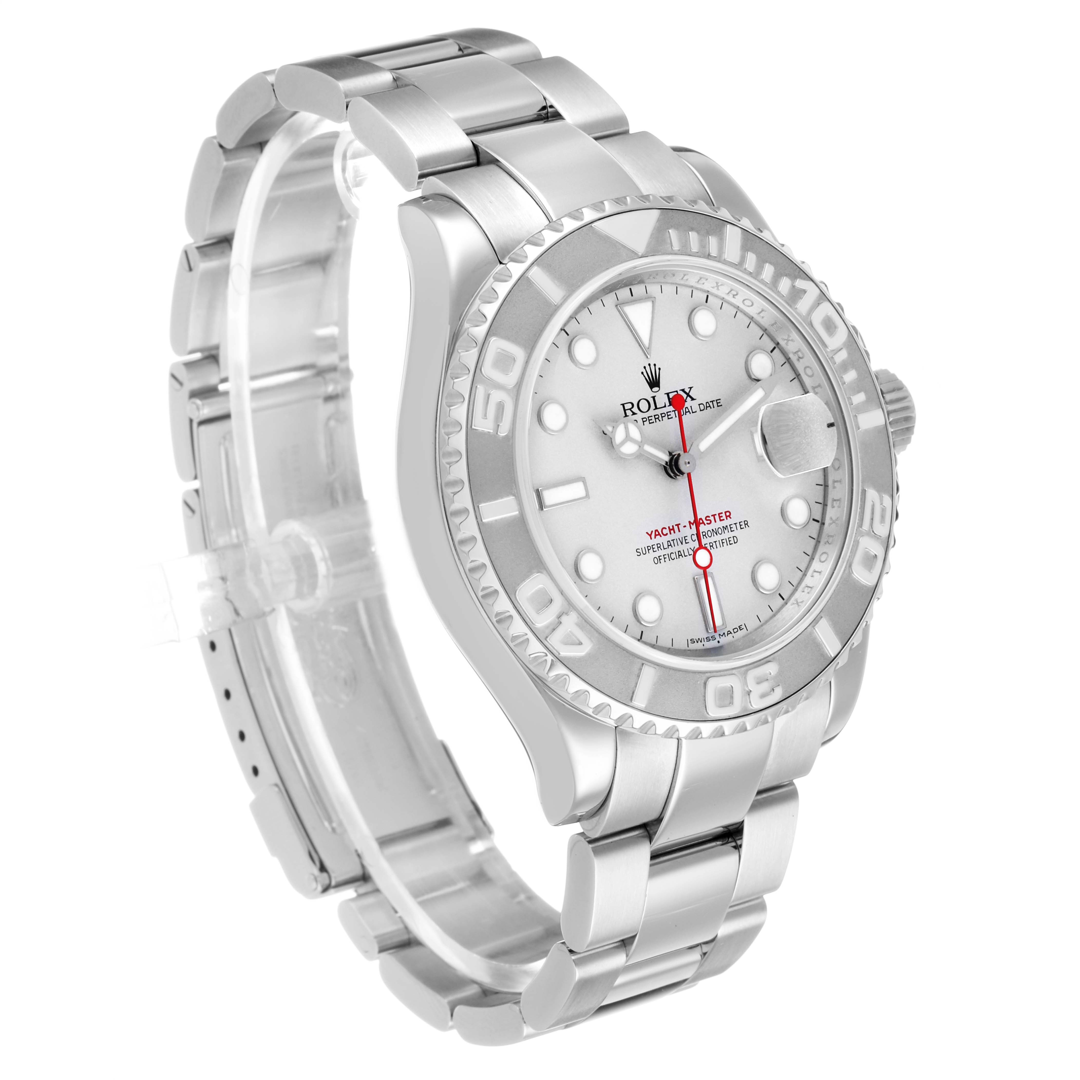 The Rolex Yacht-Master 16622 Men's Stainless Steel Silver Dial is shown at a three-quarter angle, displaying the face, bezel, and bracelet.
