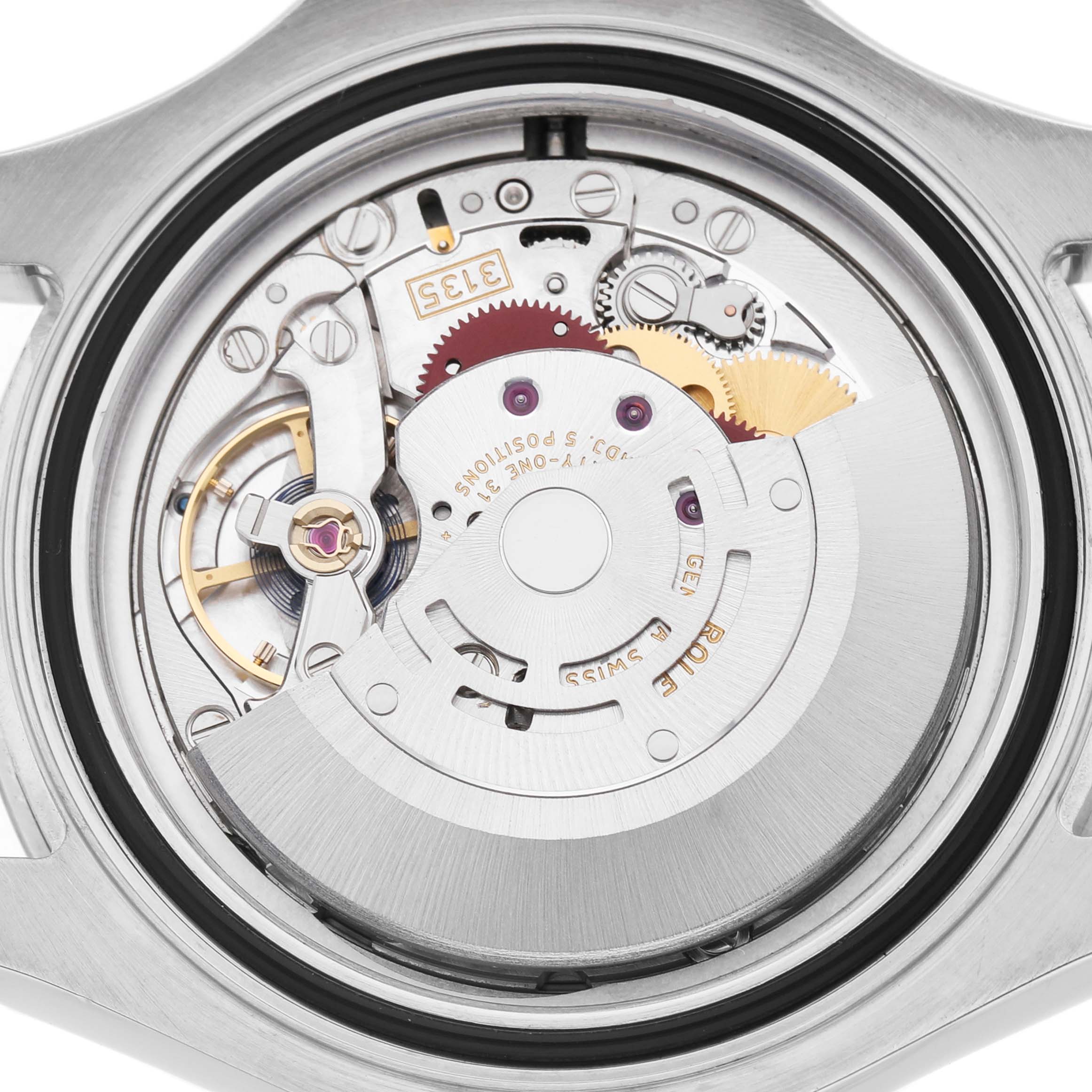 The image shows the detailed inner movement of a Rolex Yacht-Master 16622 Men's Stainless Steel Silver Dial watch from a top-down angle.