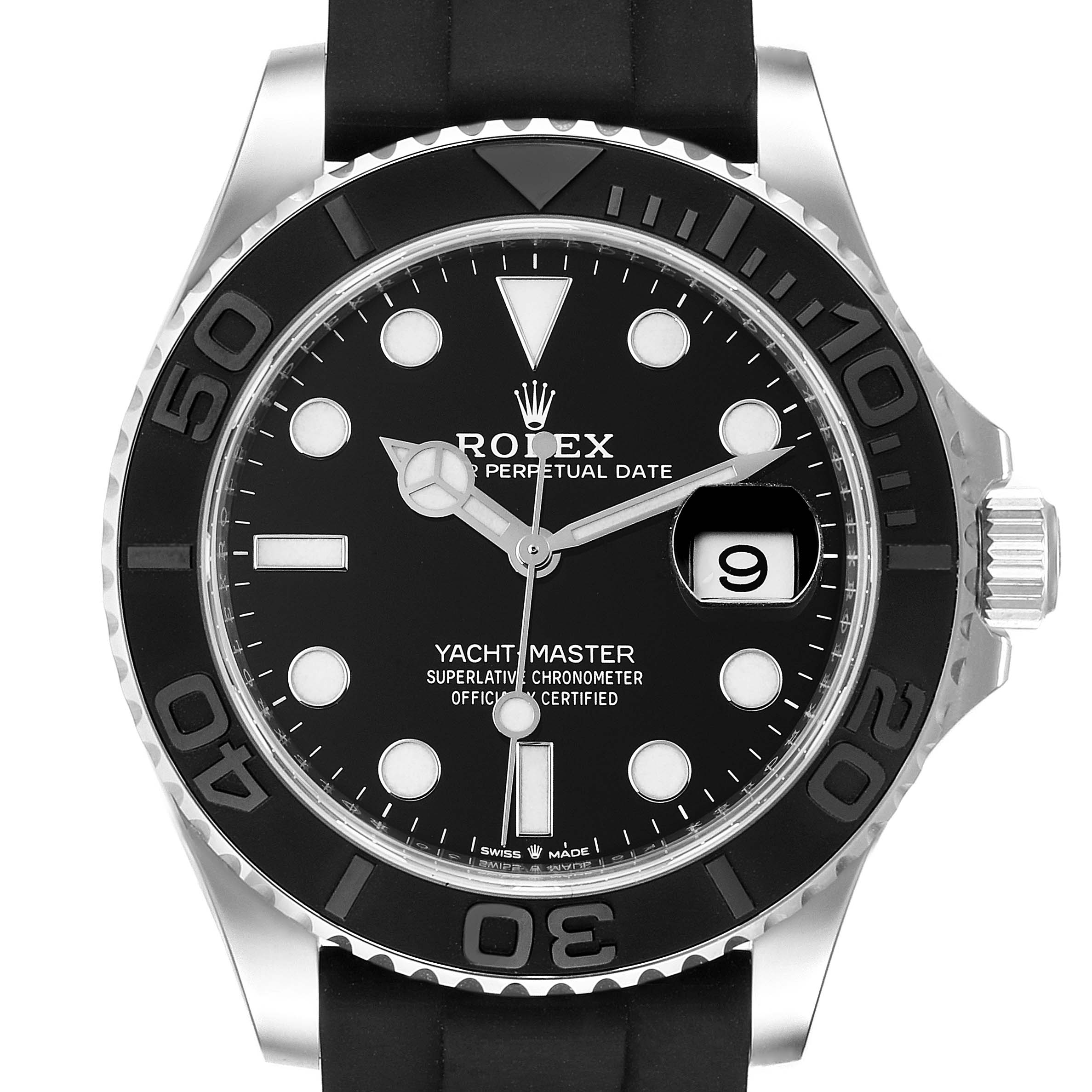 The image shows a front view of a Rolex Yacht-Master 226659 Men
s Stainless Steel Black Dial 226659 Men
s Stainless Steel Black Dial watch, displaying its dial, hands, bezel, and the date window at 3 o
clock.