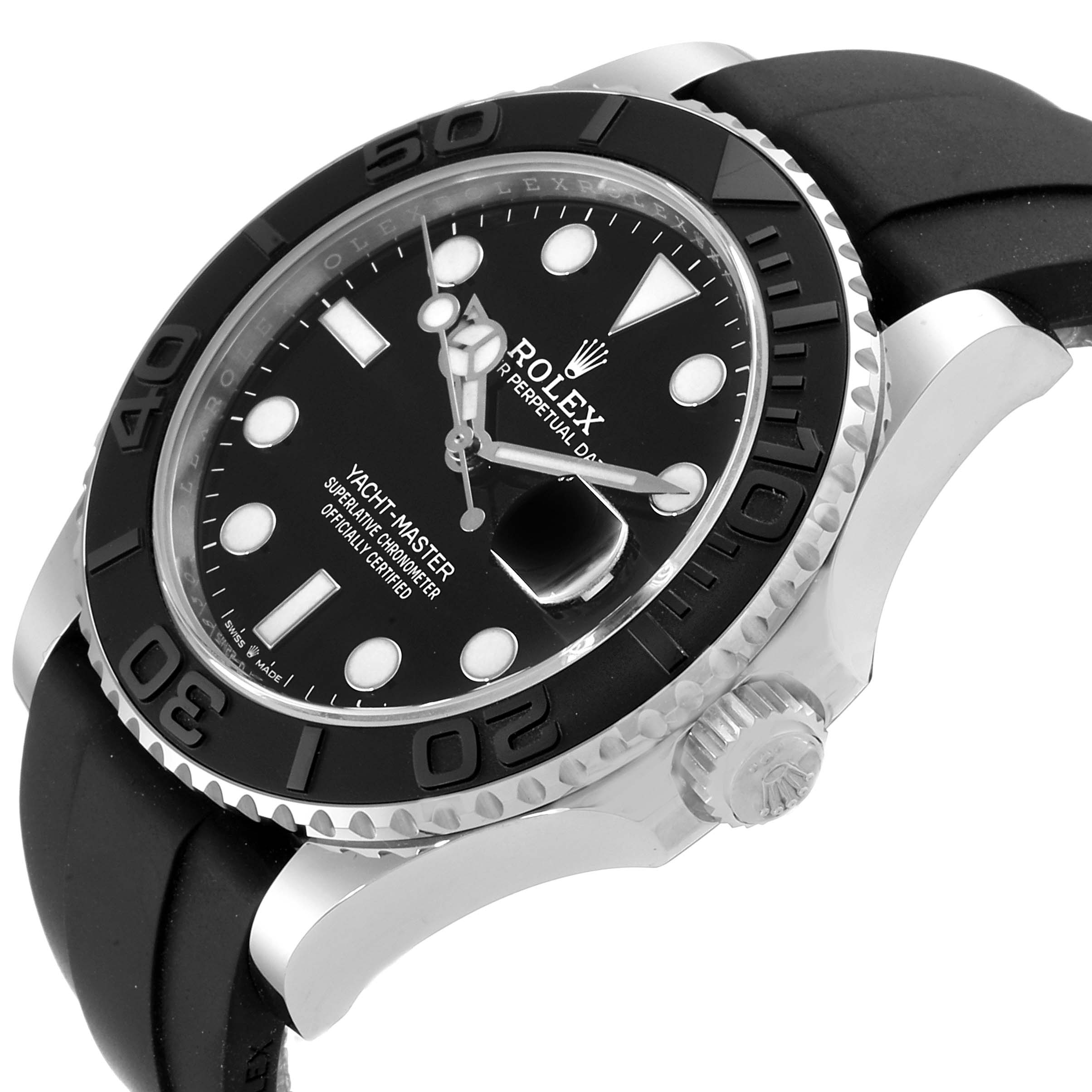 The Rolex Yacht-Master 226659 Men
s Stainless Steel Black Dial 226659 Men
s Stainless Steel Black Dial watch is angled to show its face, bezel, crown, and part of the strap.
