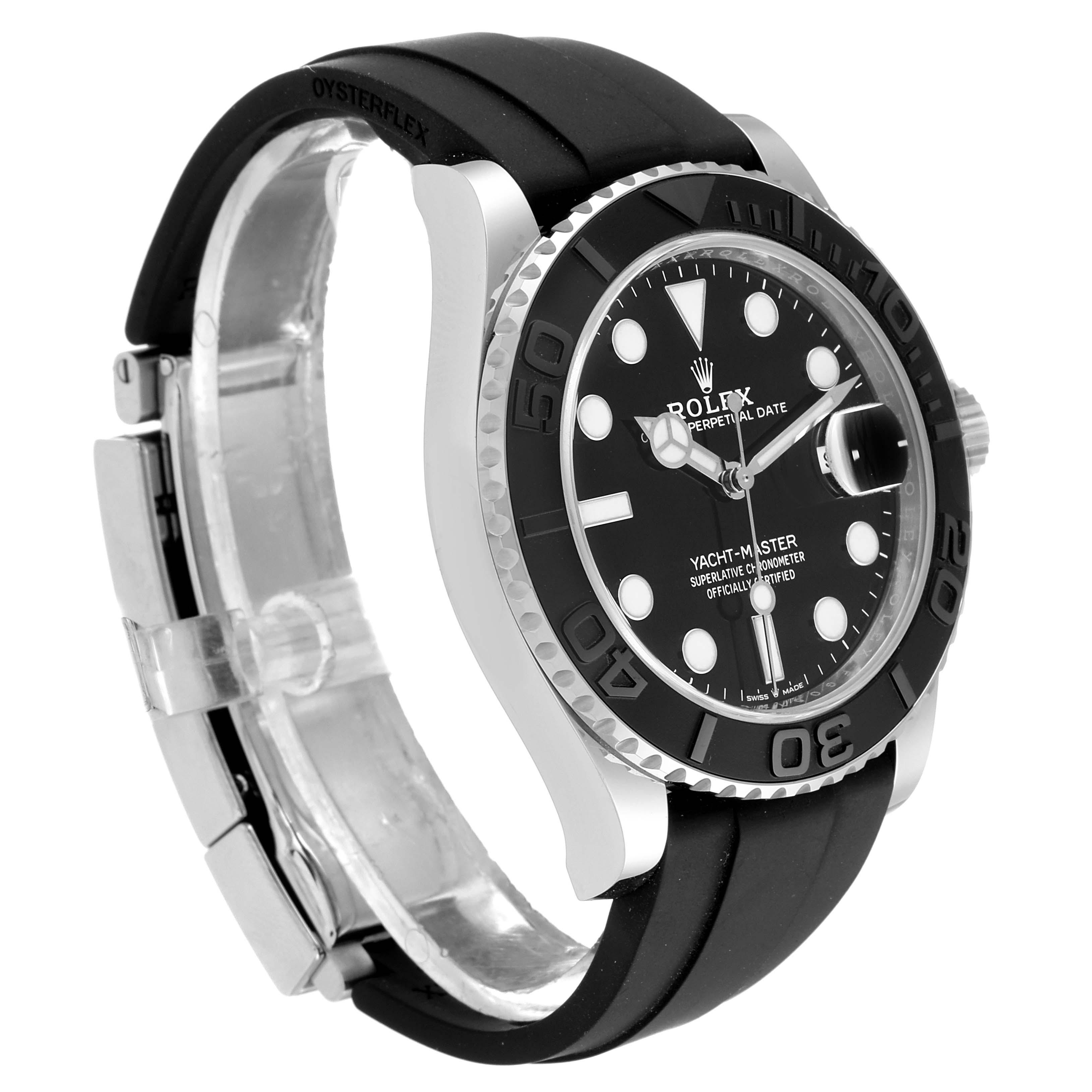 The Rolex Yacht-Master 226659 Men
s Stainless Steel Black Dial 226659 Men
s Stainless Steel Black Dial watch is shown at a slight angle, displaying the face, bezel, crown, and a portion of the strap.