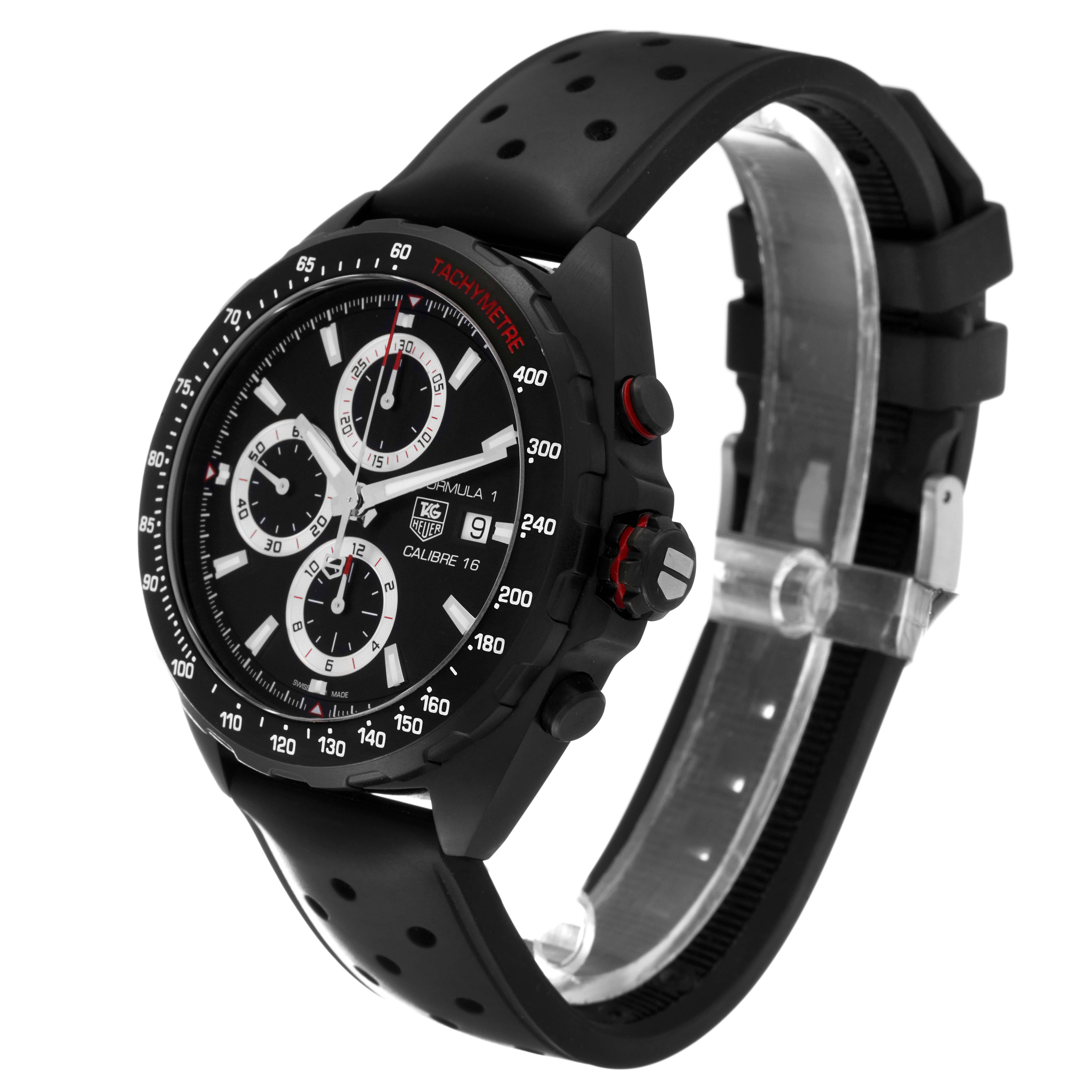 The image shows a three-quarter angle view of the Tag Heuer Formula 1 CAZ2011-1 Men's Stainless Steel Black Dial CAZ2011-1 Men's Stainless Steel Black Dial watch, highlighting the dial, bezel, and strap.