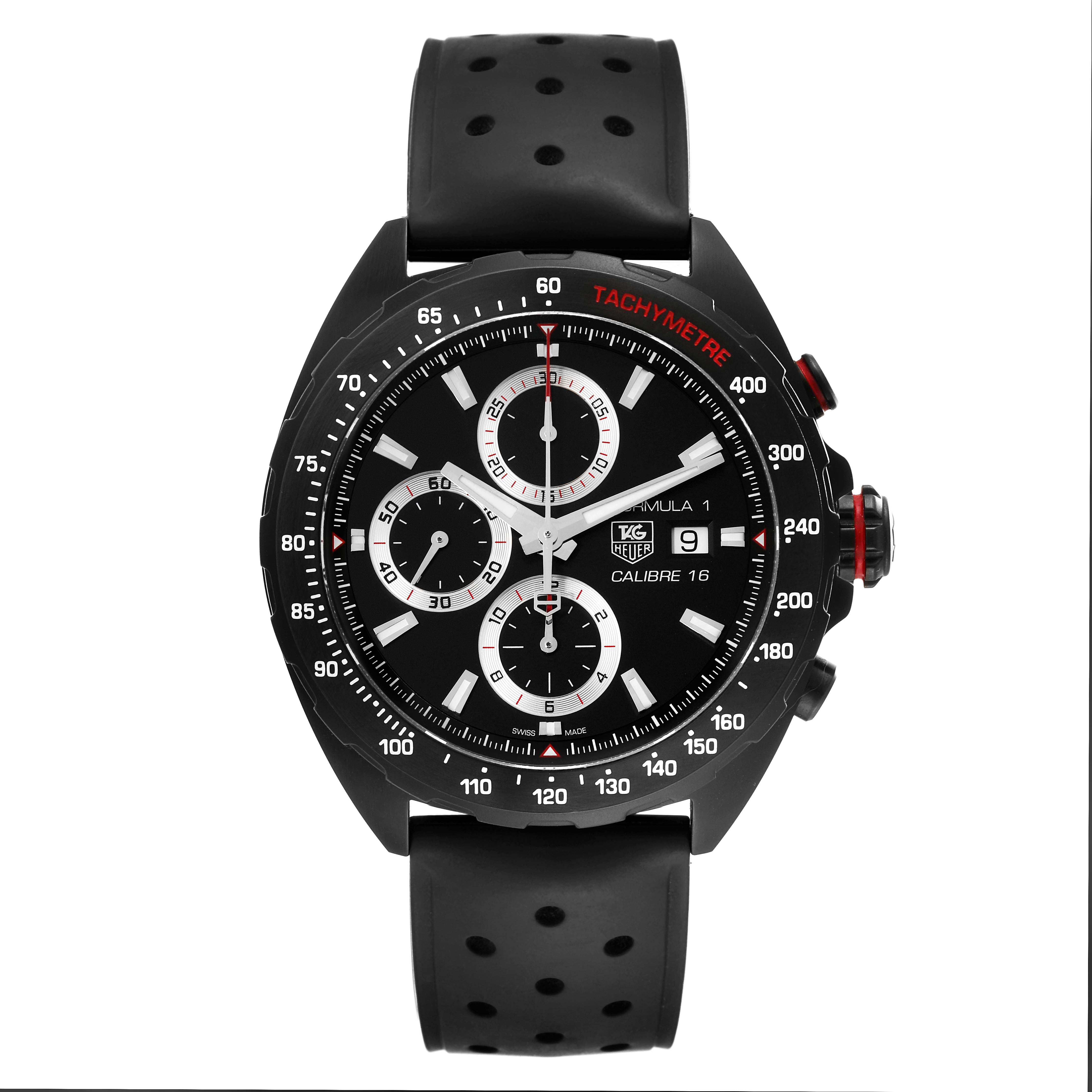 This image shows a front view of the Tag Heuer Formula 1 CAZ2011-1 Men's Stainless Steel Black Dial CAZ2011-1 Men's Stainless Steel Black Dial watch, highlighting the chronograph, date window, and black rubber strap.