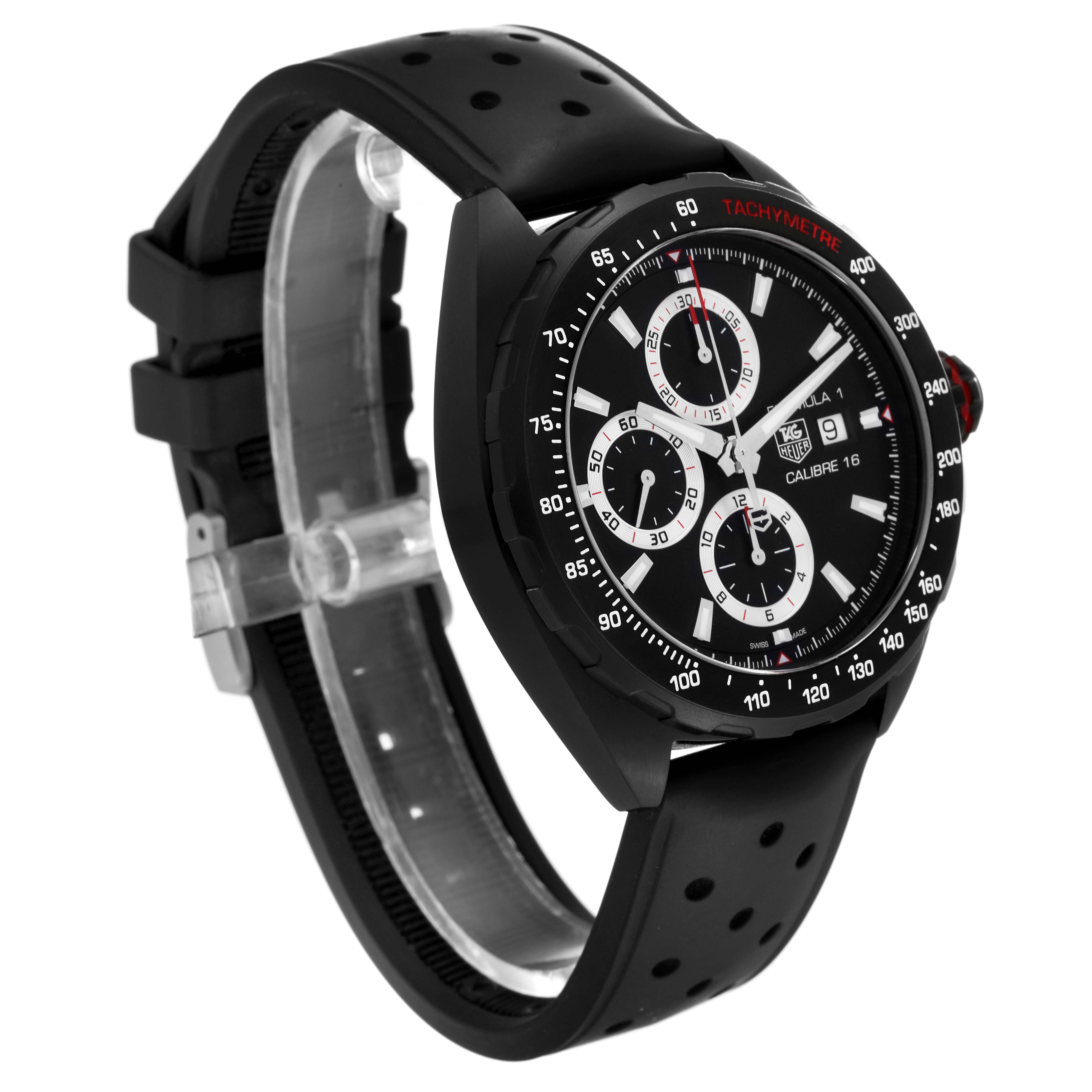 The image shows a side angle of the Tag Heuer Formula 1 CAZ2011-1 Men's Stainless Steel Black Dial CAZ2011-1 Men's Stainless Steel Black Dial watch, focusing on the dial and black perforated strap.