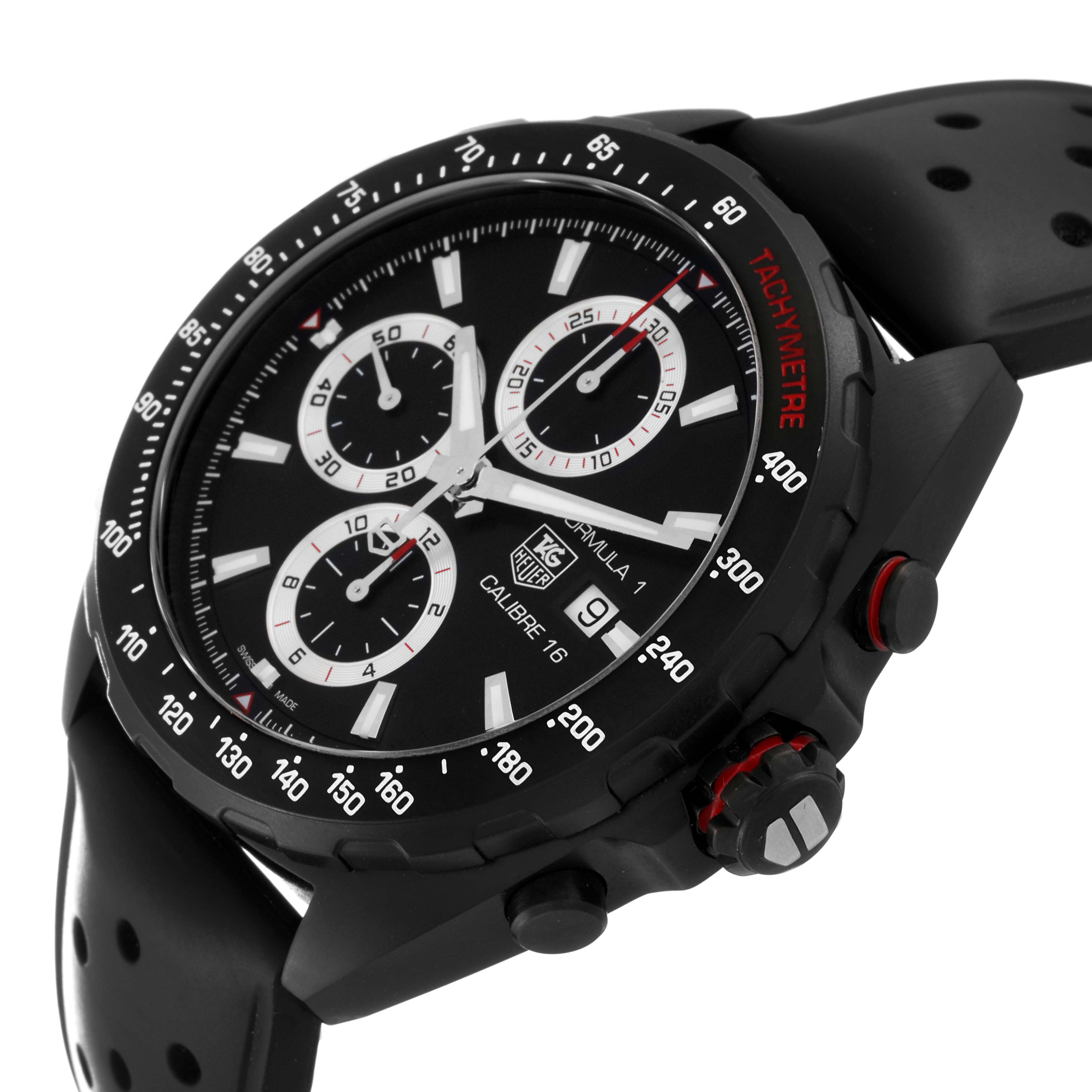 The image shows a side and slightly angled front view of a Tag Heuer Formula 1 CAZ2011-1 Men's Stainless Steel Black Dial CAZ2011-1 Men's Stainless Steel Black Dial watch, highlighting its bezel, chronograph subdials, and crown.