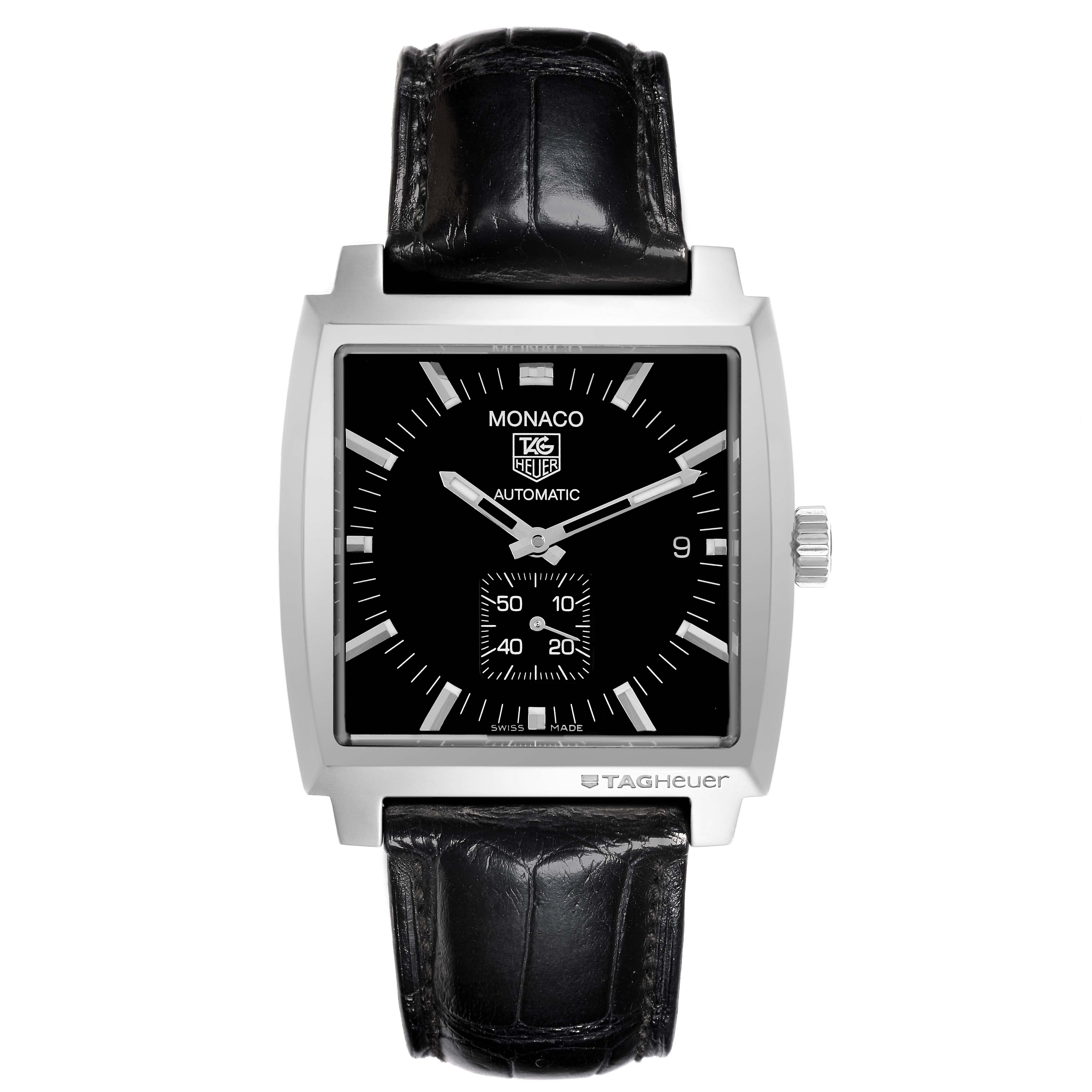The Tag Heuer Monaco WW2110.FC6177 Men's Stainless Steel Black Dial WW2110.FC6177 Men's Stainless Steel Black Dial watch is shown from a front angle, highlighting its square face, black dial, and alligator strap.