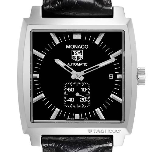 The Tag Heuer Monaco watch is shown from the front, displaying the dial, hands, indices, and crown on the right side.