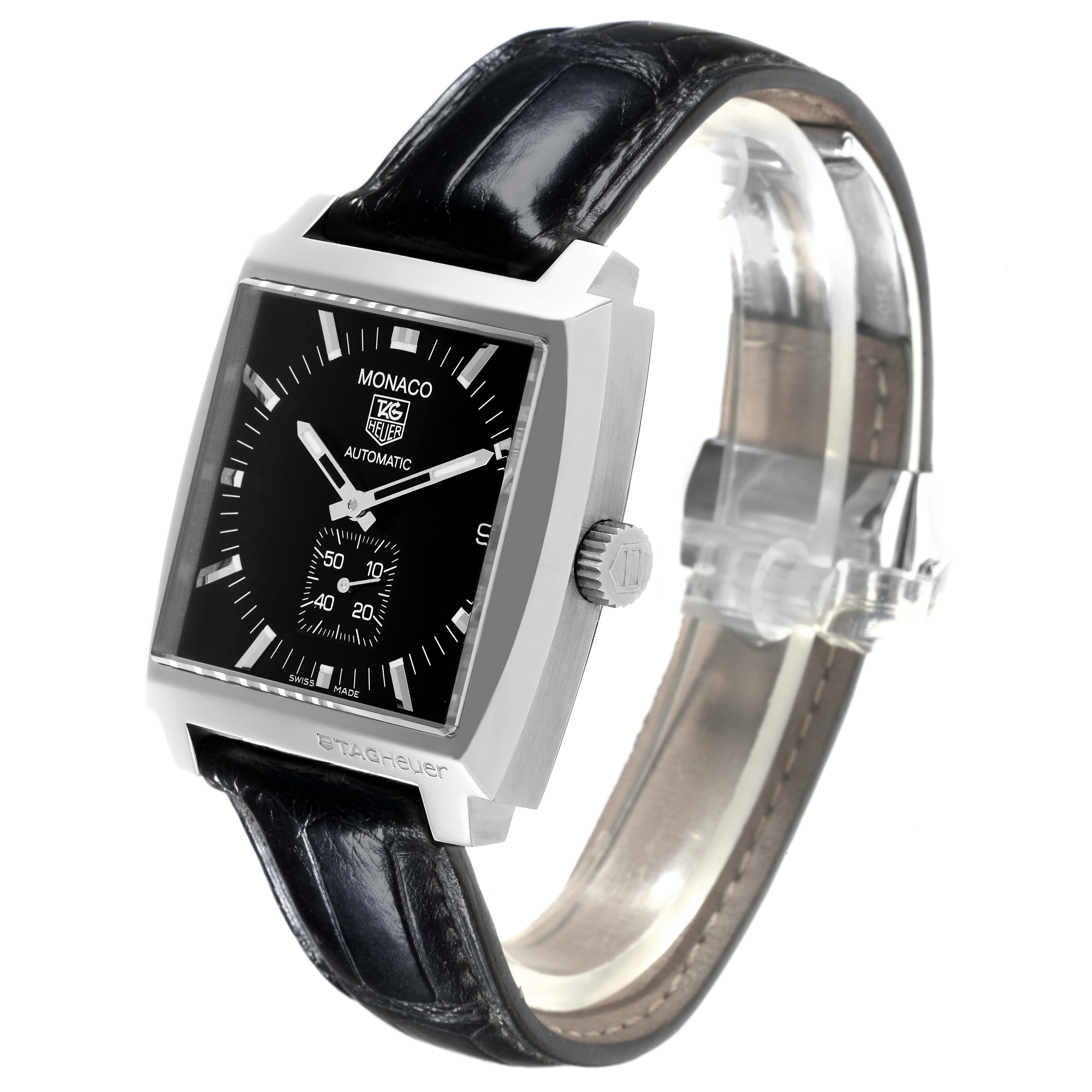 The image shows the Tag Heuer Monaco WW2110.FC6177 Men's Stainless Steel Black Dial WW2110.FC6177 Men's Stainless Steel Black Dial watch at a three-quarter angle, highlighting the face, bezel, crown, and strap.