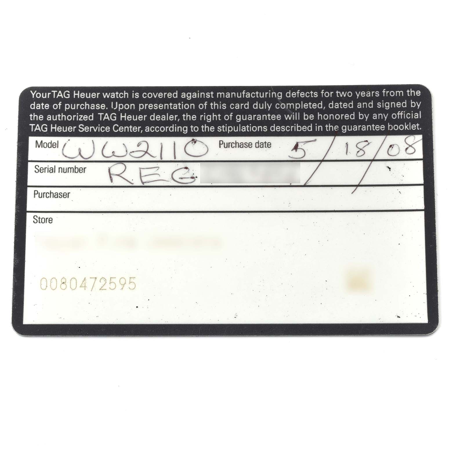 The image shows a warranty card for a Tag Heuer Monaco WW2110.FC6177 Men's Stainless Steel Black Dial WW2110.FC6177 Men's Stainless Steel Black Dial watch, detailing model, purchase date, and serial number.
