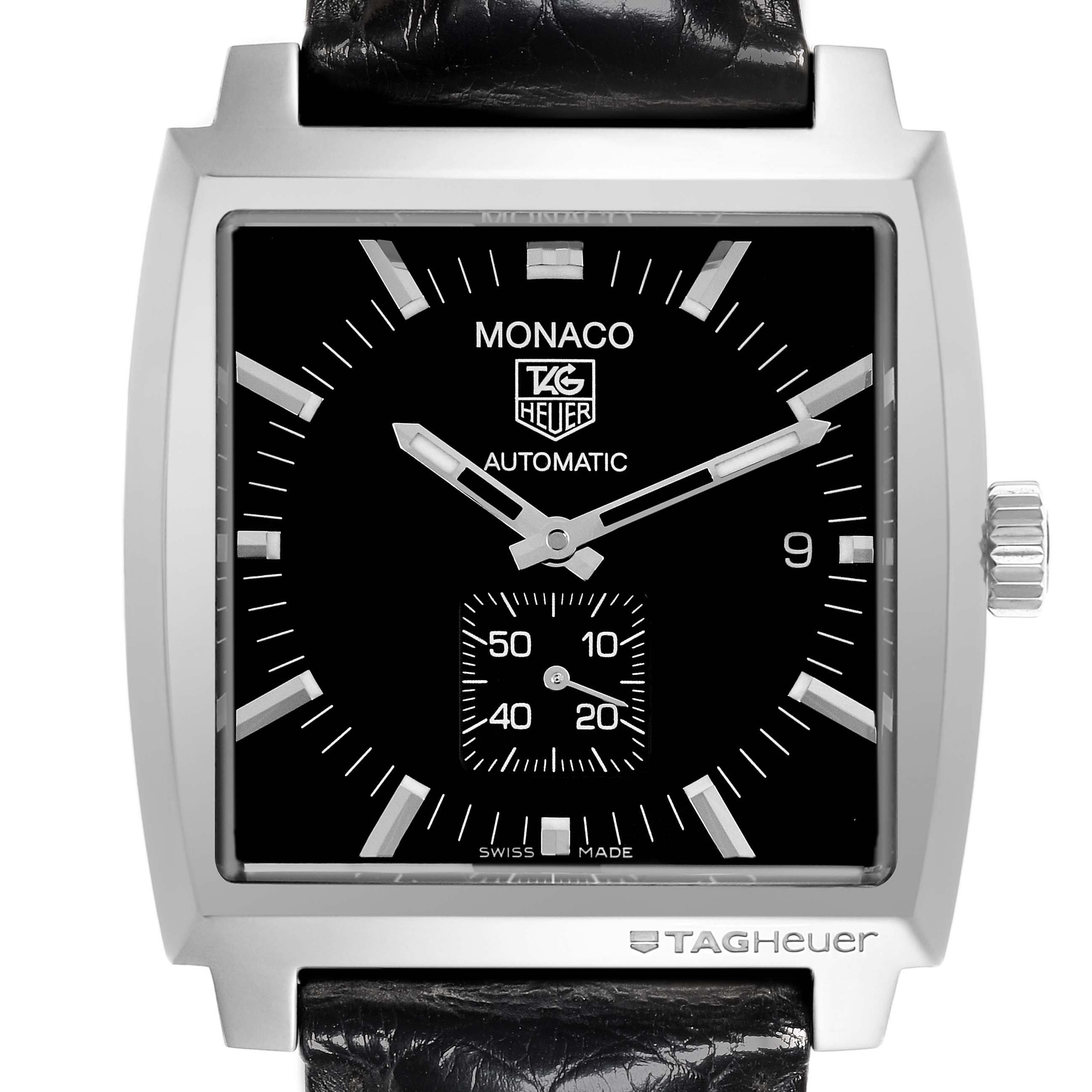 The Tag Heuer Monaco WW2110.FC6177 Men's Stainless Steel Black Dial WW2110.FC6177 Men's Stainless Steel Black Dial watch is shown front-facing, featuring its dial, hands, crown, and leather strap.