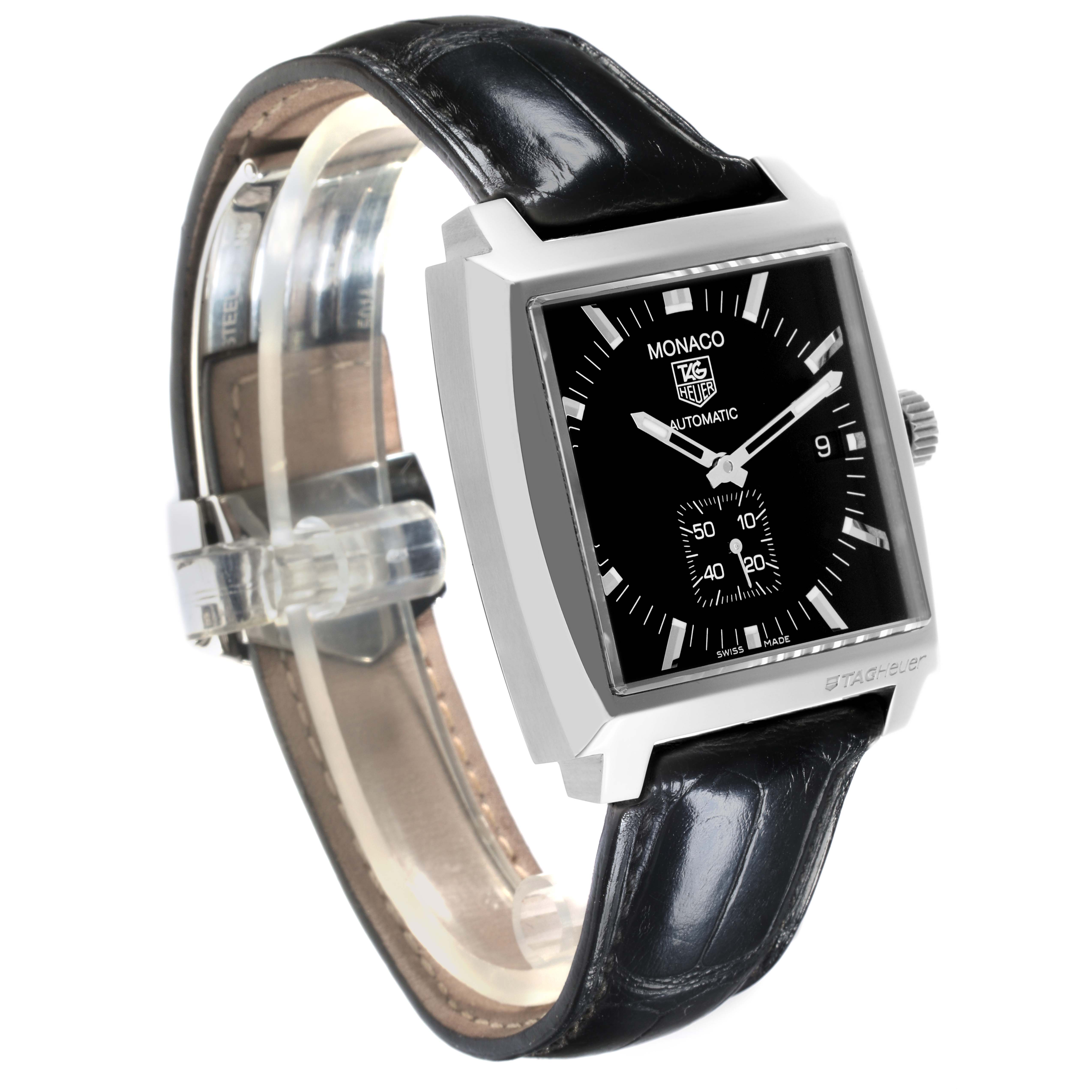 The Tag Heuer Monaco WW2110.FC6177 Men's Stainless Steel Black Dial WW2110.FC6177 Men's Stainless Steel Black Dial watch is shown at a three-quarter angle, highlighting its face, bezel, and leather strap.