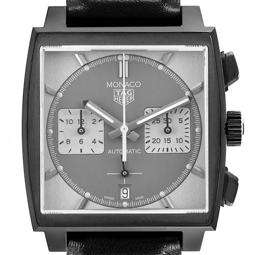The Tag Heuer Monaco CBL2181 Men's Titanium Grey Dial watch is shown from a front angle, highlighting the dial, subdials, crown, and square case.