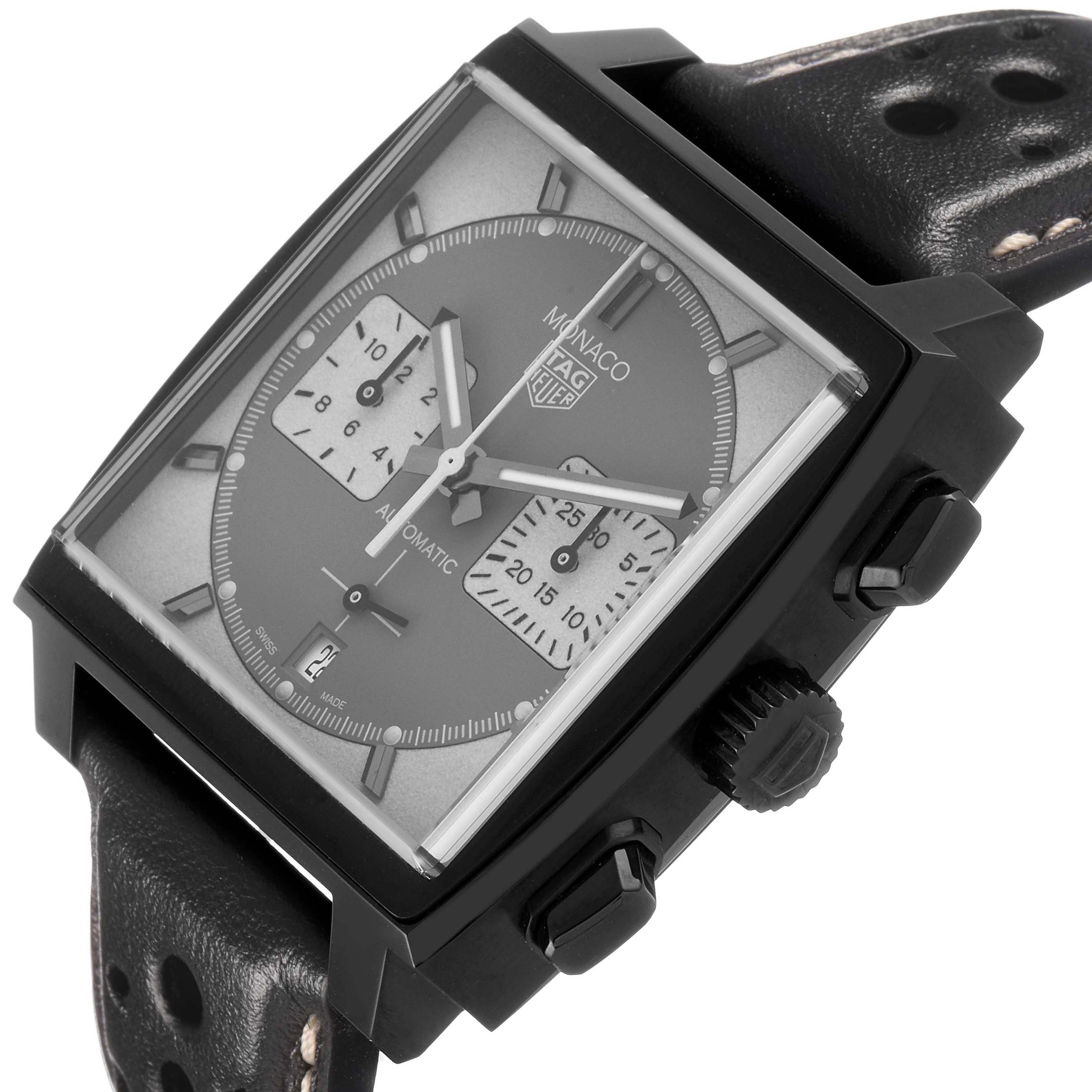 The Tag Heuer Monaco CBL2181 Men's Titanium Grey Dial watch is shown at a tilted angle, highlighting its square face, chronograph dials, and crown.