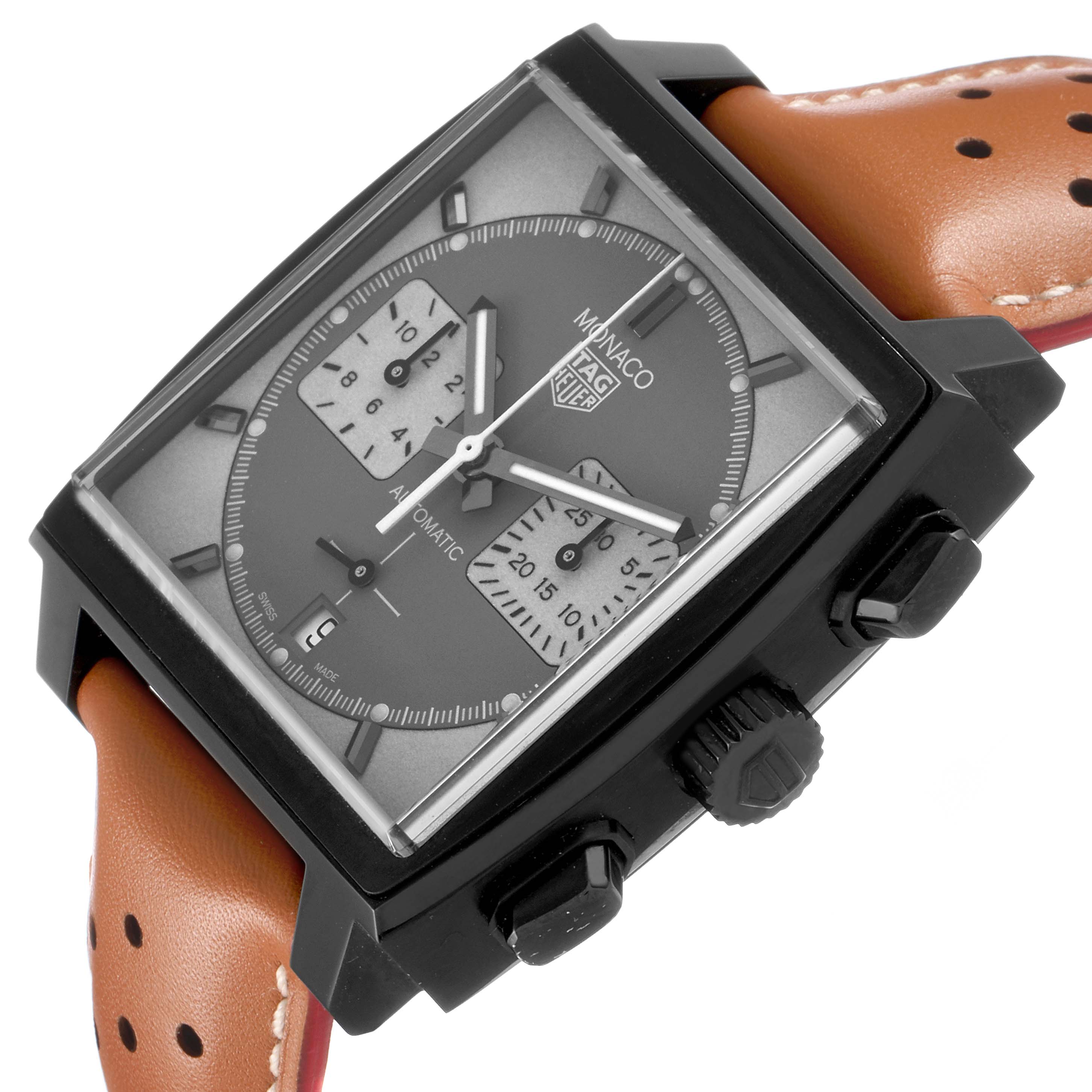The Tag Heuer Monaco CBL2181 Men's Titanium Grey Dial watch is angled slightly from the front, showing the face, dial, and part of the brown strap.