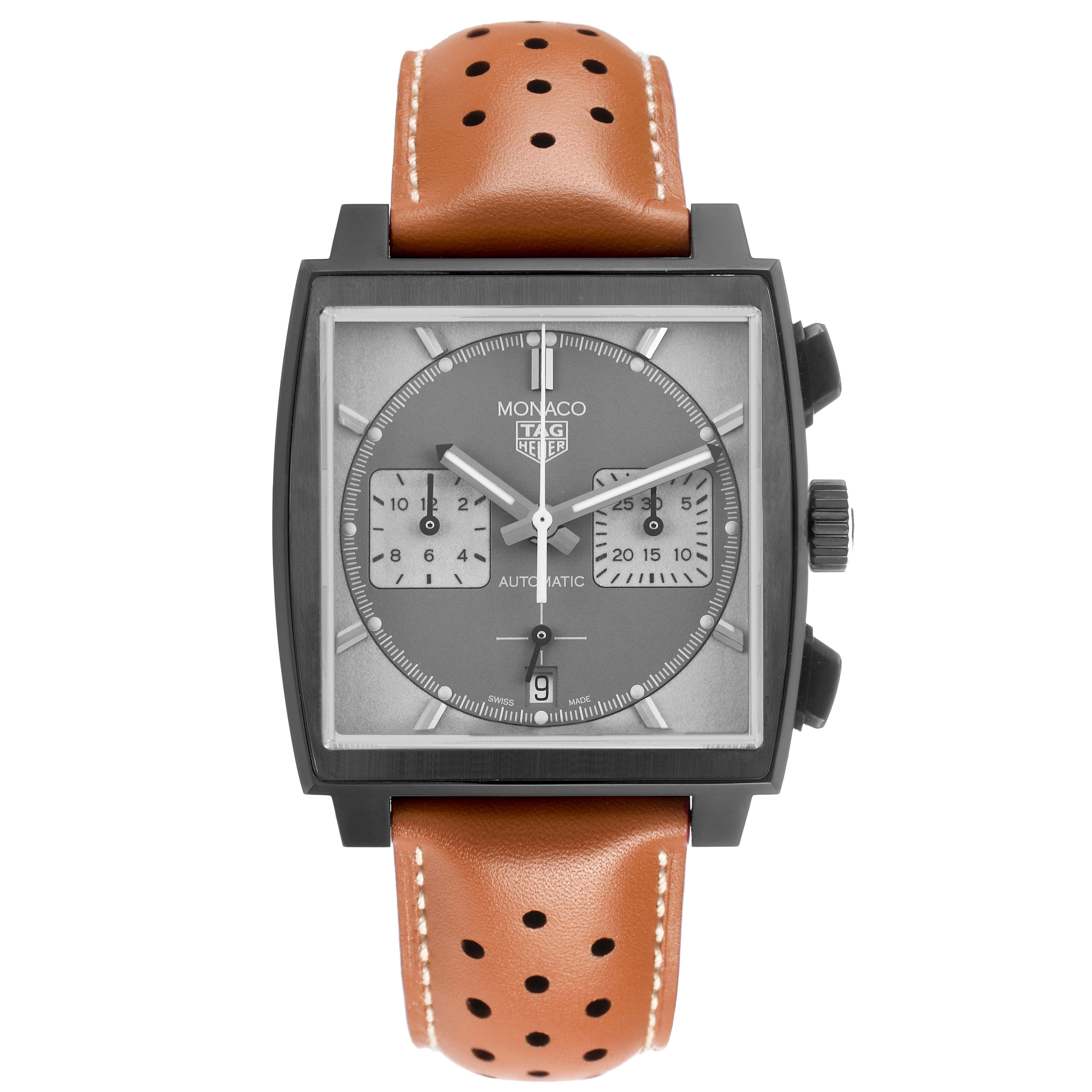 The Tag Heuer Monaco CBL2181 Men's Titanium Grey Dial watch is shown from a front angle, highlighting the dial, case, crown, and leather strap.