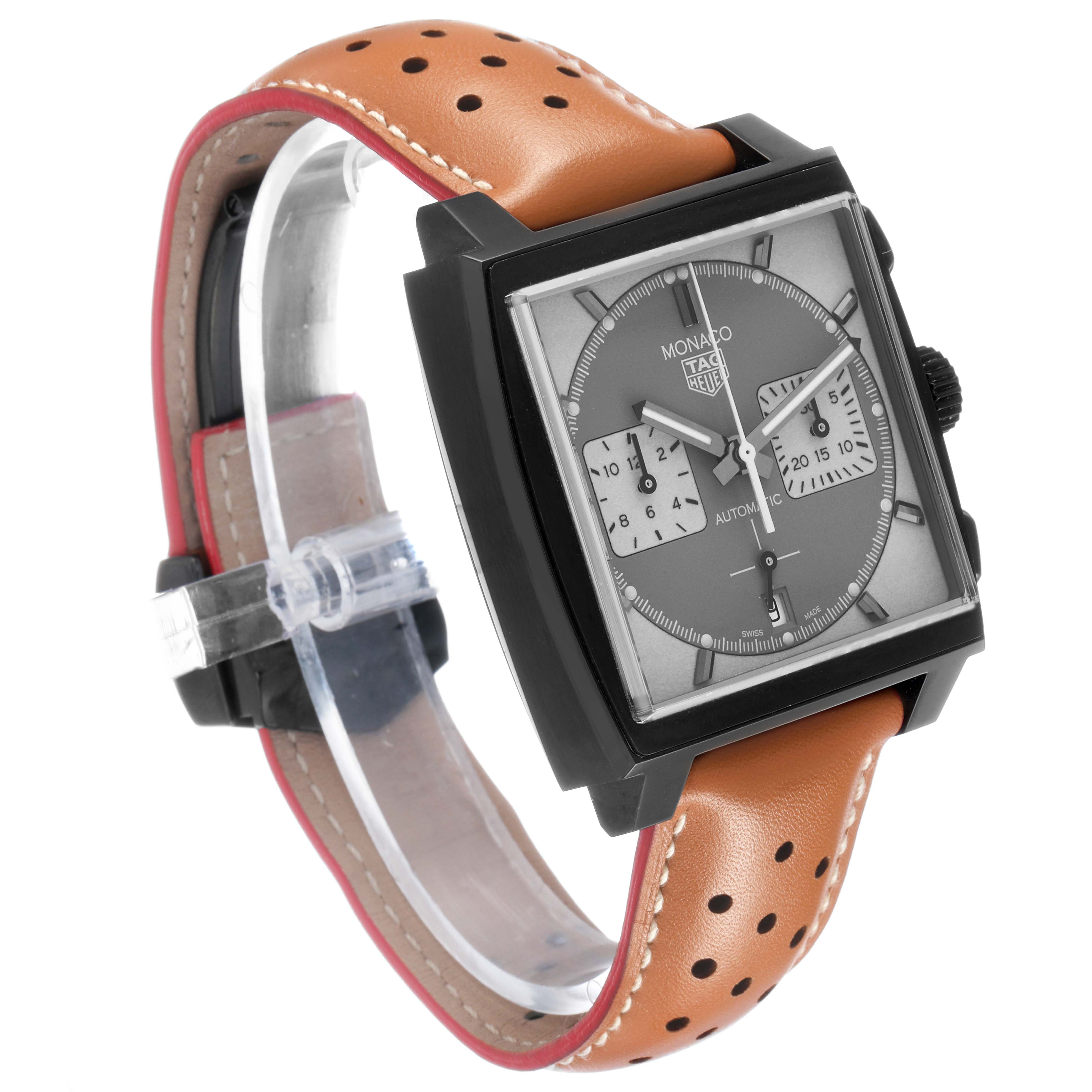 The Tag Heuer Monaco CBL2181 Men's Titanium Grey Dial watch is shown at a three-quarter angle highlighting the face, case, and perforated leather strap.