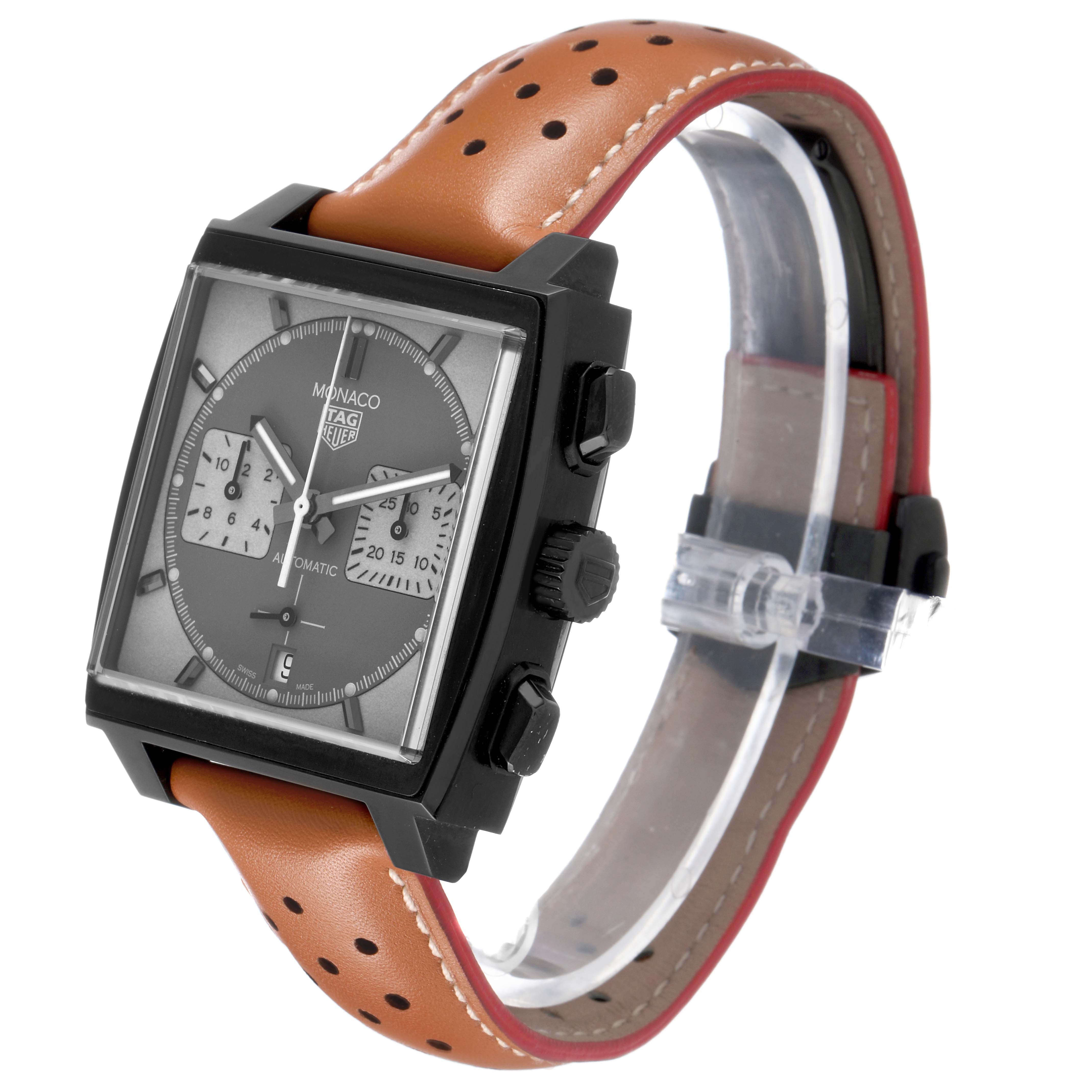 The Tag Heuer Monaco CBL2181 Men's Titanium Grey Dial watch is shown at a three-quarter angle, highlighting the case, crown, pushers, and perforated leather strap.