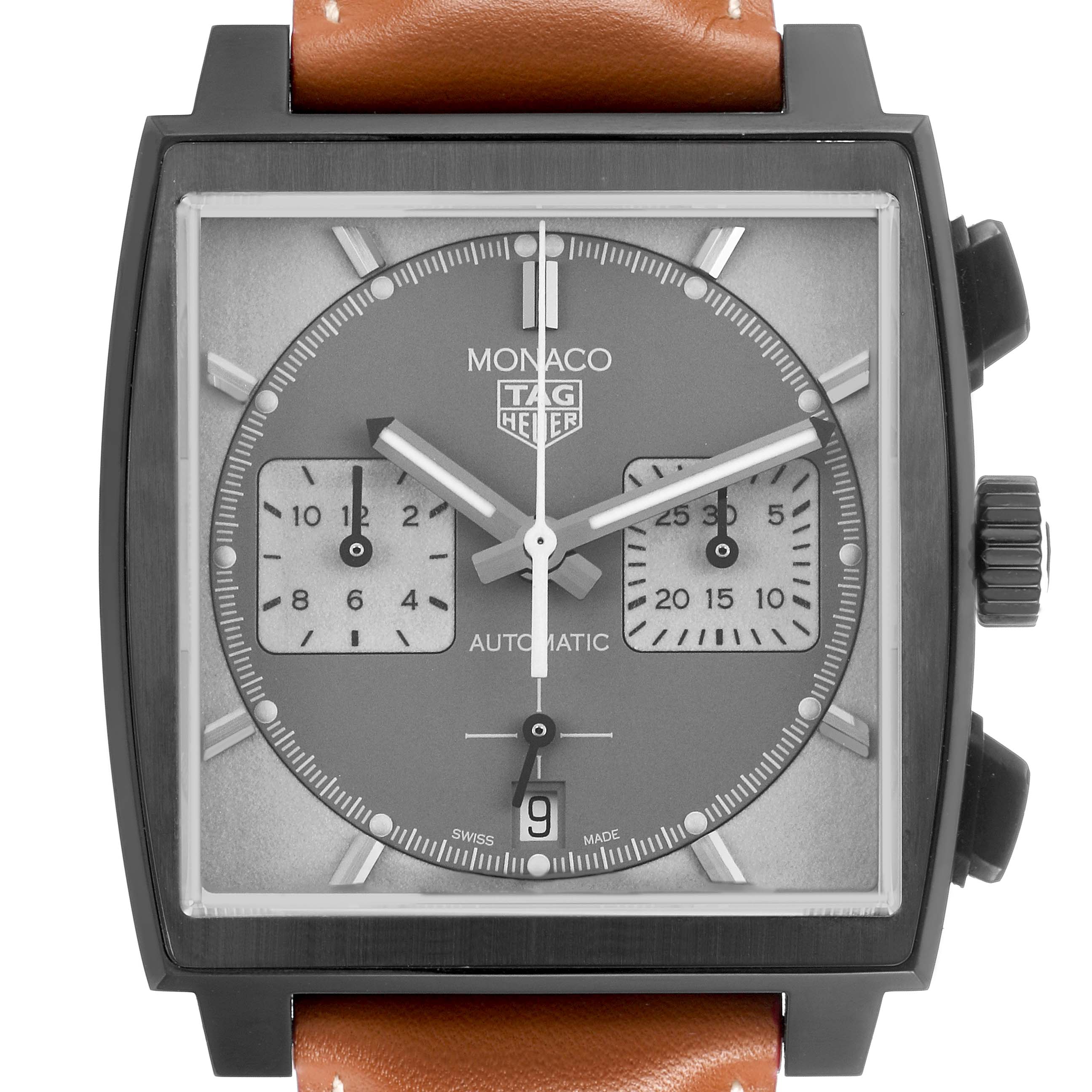 The TAG Heuer Monaco watch is shown from the front, displaying its square face, subdials, hands, and crown.