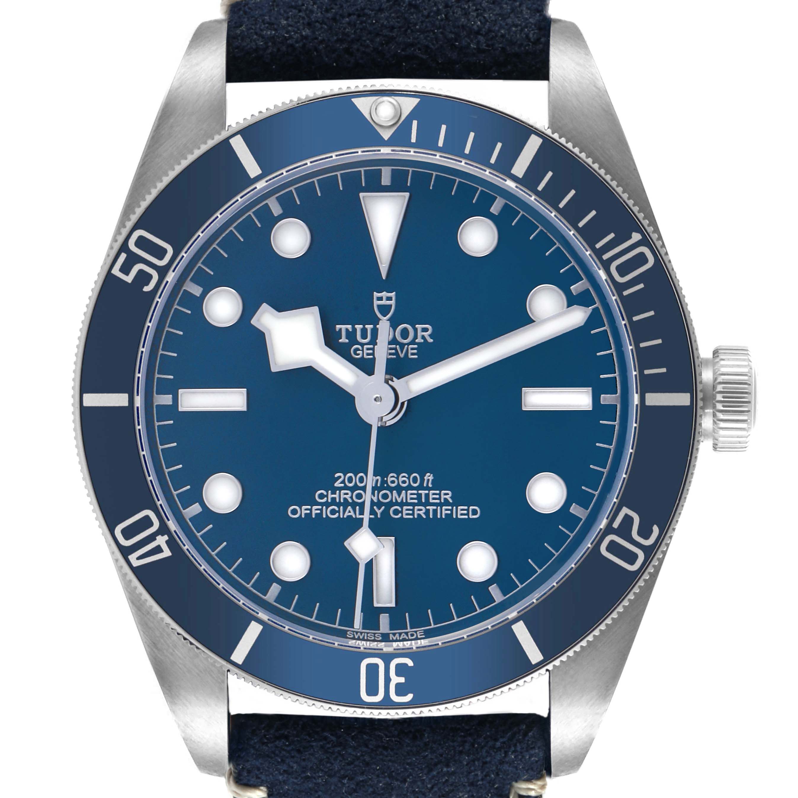 The Tudor Heritage Black Bay 79030 Men's Stainless Steel Blue Dial watch is shown from a front view, highlighting the dial, bezel, hands, and crown.