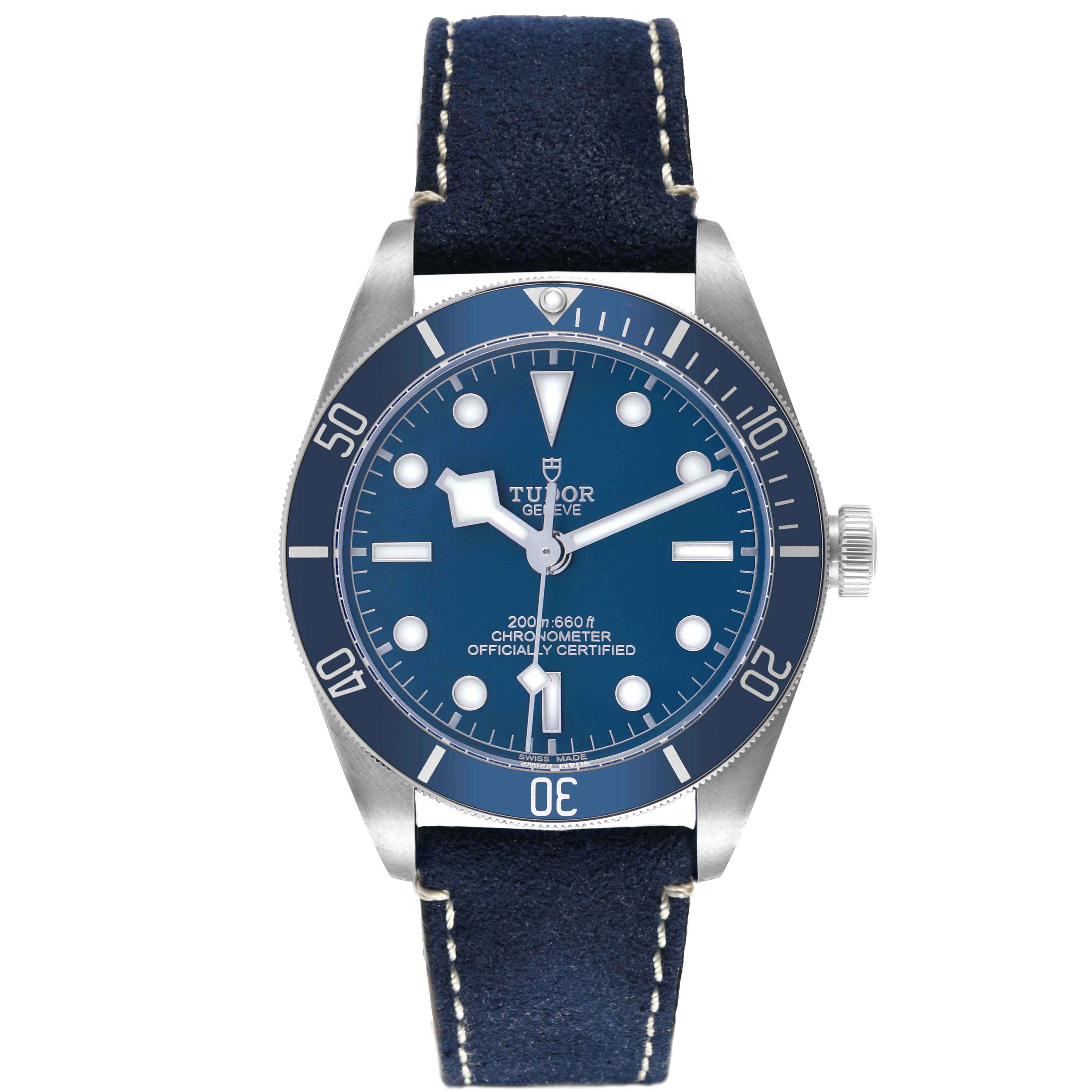 The Tudor Heritage Black Bay 79030 Men's Stainless Steel Blue Dial watch is shown from the front, highlighting its dial, hands, bezel, and leather strap.
