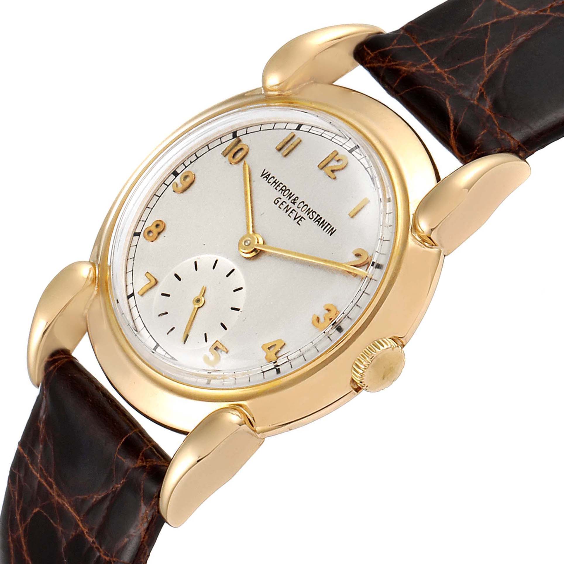 The image shows a Vacheron Constantin Vintage Women's Yellow Gold Silver Dial Women's Yellow Gold Silver Dial watch at an angled view, highlighting the dial, gold case, and leather strap.