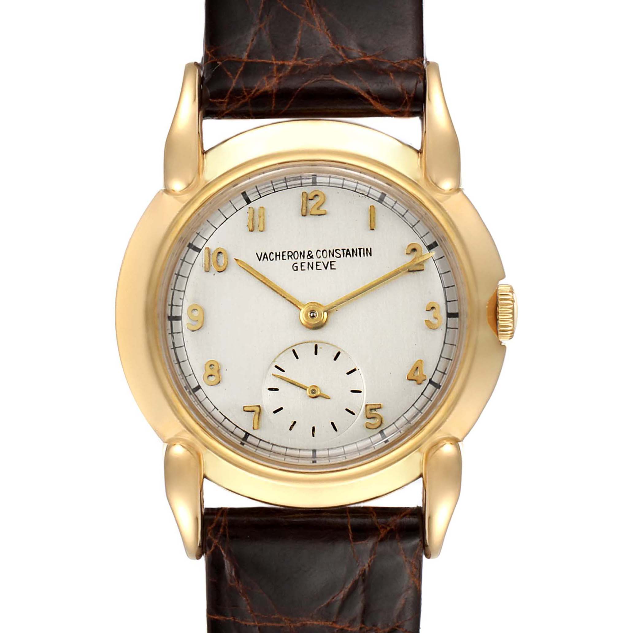The image shows a front view of a Vintage Vacheron Constantin watch with a gold case, brown leather strap, and small seconds sub-dial.