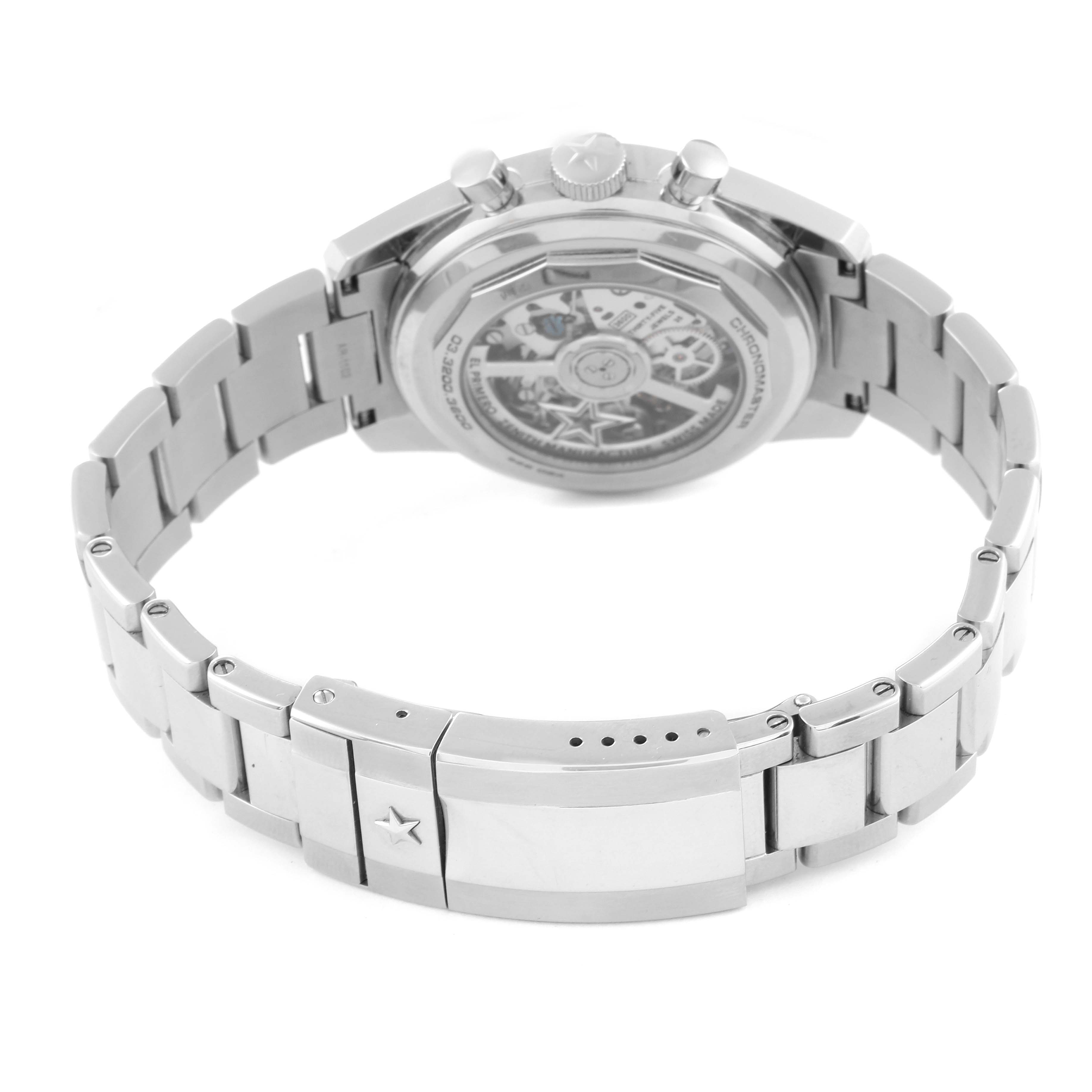 The image shows the back and bracelet of the Zenith Chronomaster 03.3200.3600/21.C903 Men
s Stainless Steel Black Dial 03.3200.3600/21.C903 Men
s Stainless Steel Black Dial watch, highlighting its open case back and metal band.